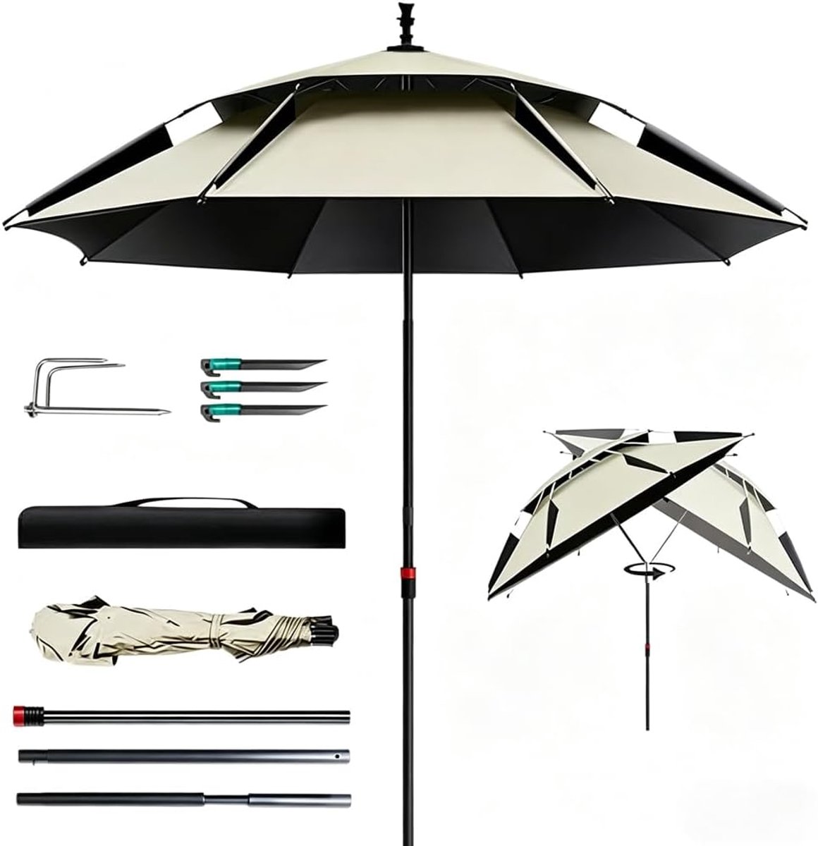 Opvouwbaar, Ø 160 cm, met grondpen, terrasparasol, 360 graden draaibaar, parasol voor tuin, terras of strand, inclusief draagtas, uv-bescherming 50