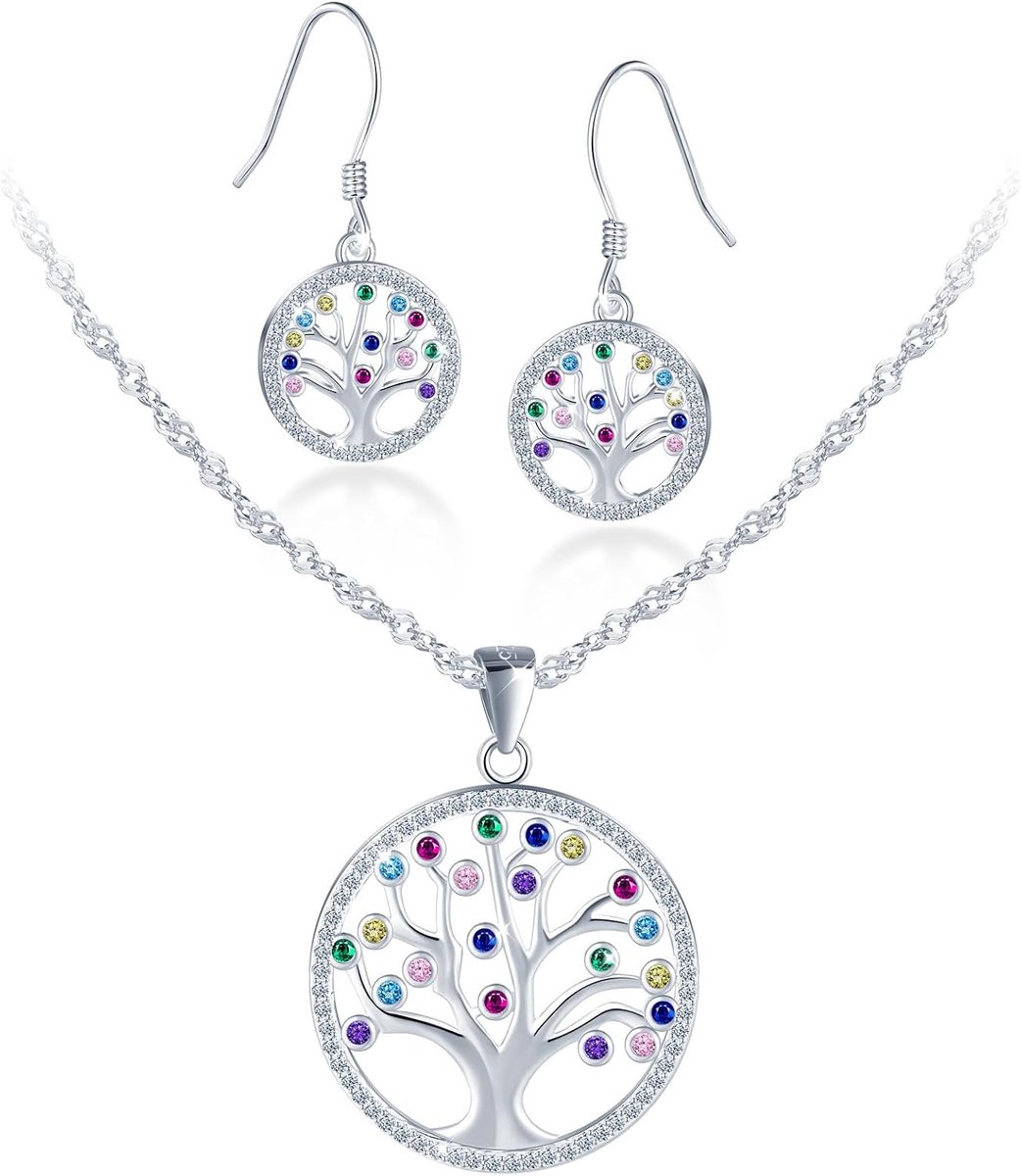 levensboom set zilver 925 kleurrijke zirkonia boom des levens hanger met ketting en oorbellen, 7 chakra boom oorbellen en halsketting set zilveren sieradenset voor vrouwen
