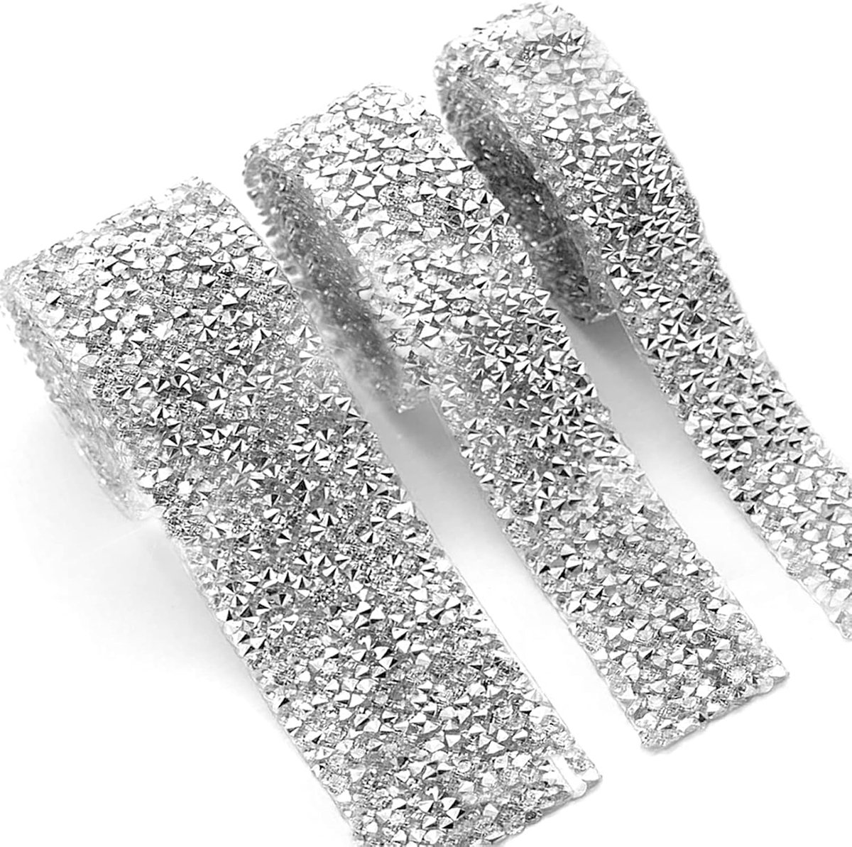 3 Rollen Kristallen Strass Lint, 1 Yards Zelfklevend Strass Diamant Lint, Voor kleding, Schoenen, Telefoonhoesdecoratie, Ambachtelijke Verjaardagshuwelijksdecoratie (3 Maten, Zilverwit)