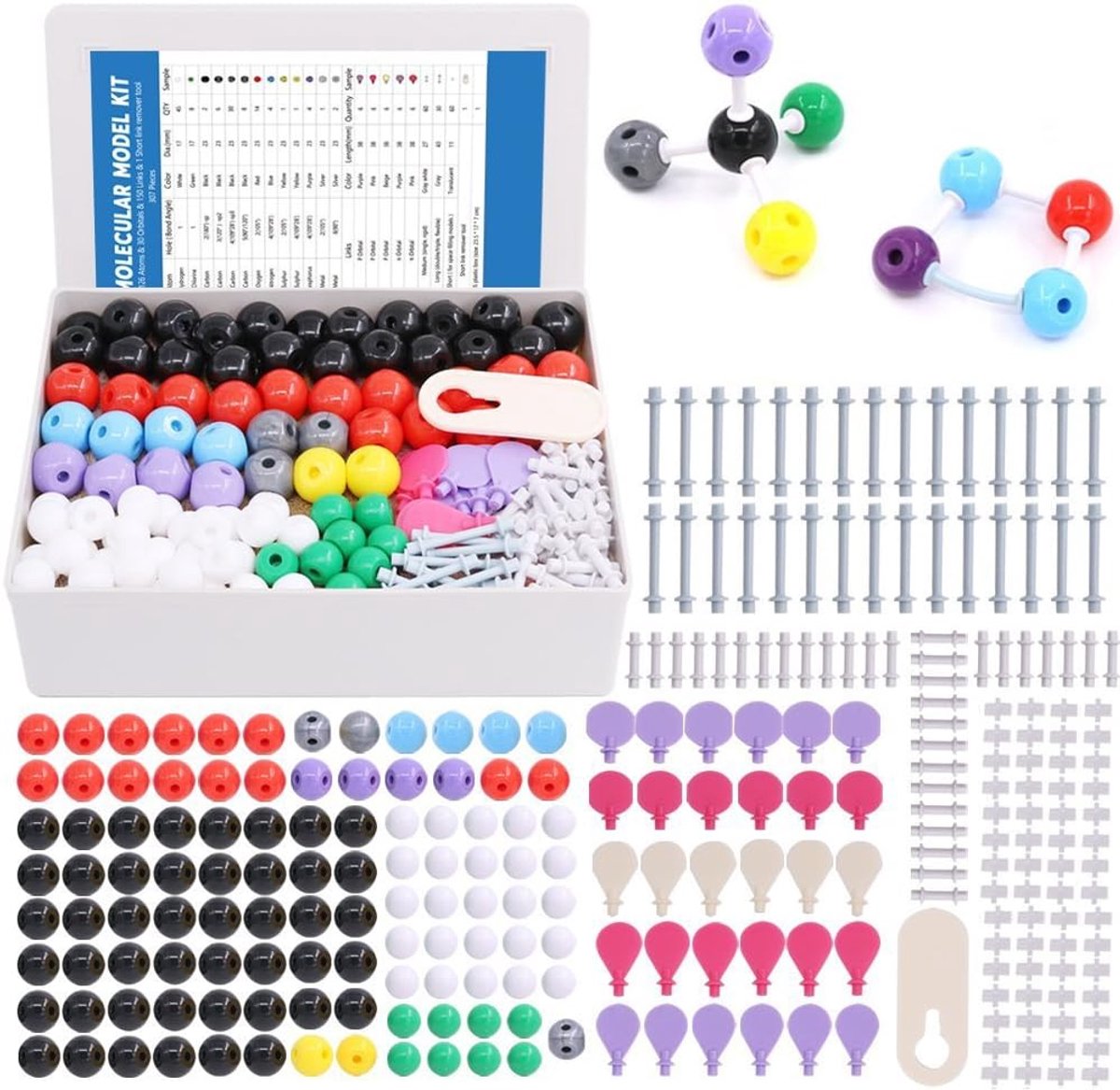 307 stuks moleculaire modelkit voor organische en anorganische chemie - chemie moleculair model - 126 atomen & 30 orbitalen & 150 links & 1 korte link remover tool, 17 millimeter, 23 millimeter