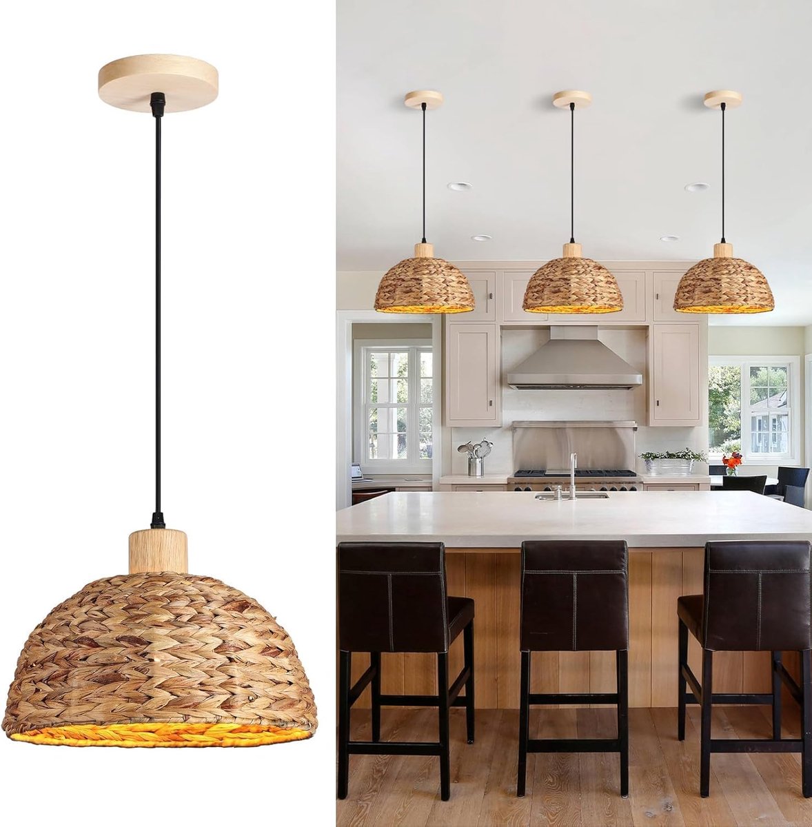 kroonluchter voor woonkamer, 30 cm, handgeweven, waterhyacint, weven, hanglamp, boerderijlamp, E27, binnenverlichting, voor keuken, slaapkamer, woonkamer, eetkamer