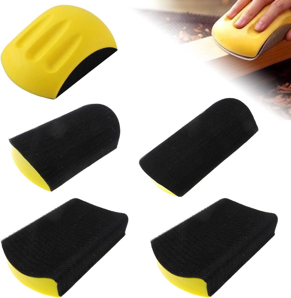 5 stuks, 15,2 cm, PU-schuim + kunststof, ergonomische handgreep, voor het polijsten van hout en fijn slijpen, geschikt voor hout, tegels, metaal, glas (geel)