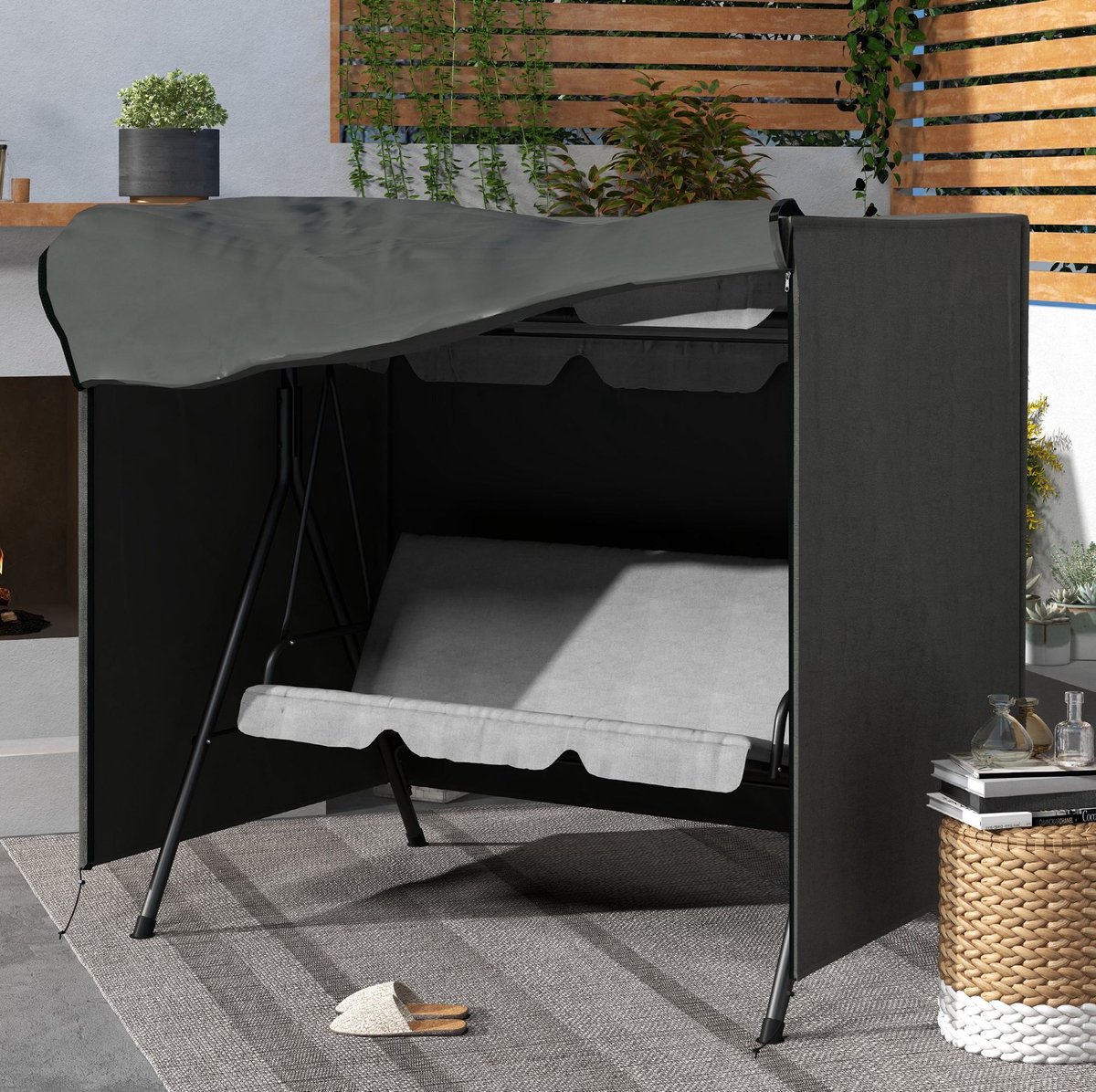 DESMIU Tuinmeubelhoes 3 Zits – Waterafstotend En UV-Bestendig – 177x114x152 Cm – Polyester – Donkergrijs – Voor Schommelbank – Met Rits
