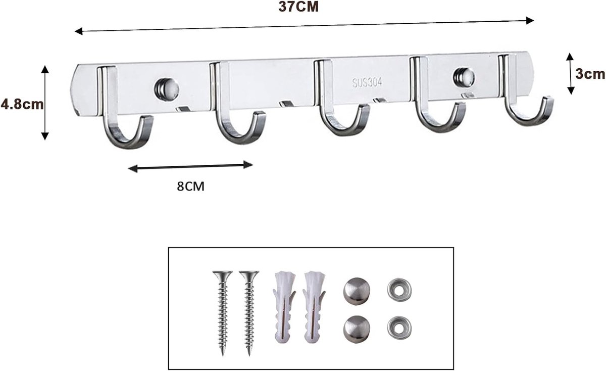 Kledinghaak wandmontage 5 haken - RVS modern - Stevige metalen kapstok - Ideaal voor entree, keuken of badkamer - ShopVlot