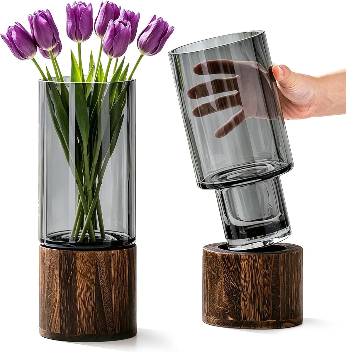 Cilindervaas 25 cm - Glazen bloemenvaas met houten sokkel - Handgemaakt - Perfect voor thuisdecoratie - ShopVlot