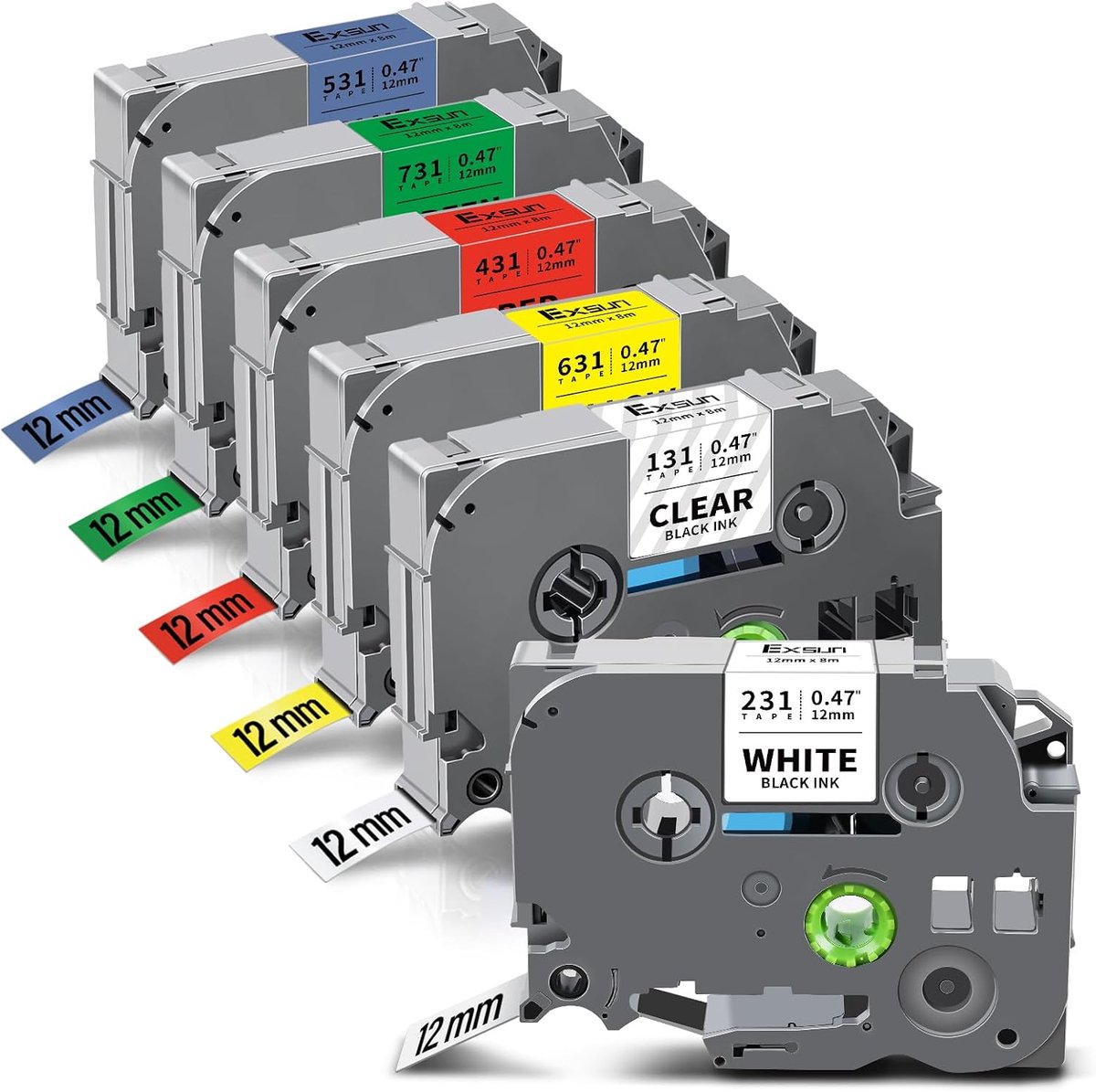 Label tape 12mm - 6-pack vervangend - zwart op transparant/wit/rood/blauw/geel/groen - ShopVlot