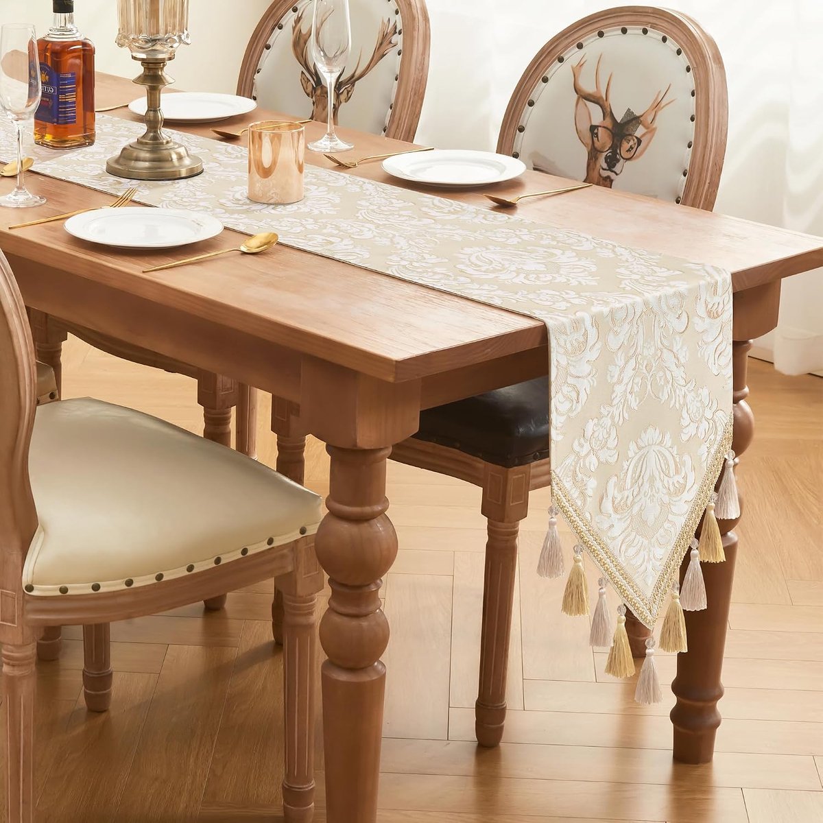 Tafelloper 33x274 cm - Dubbel Laag Damast - Beige & Wit - Elegant voor Eetkamer - ShopVlot