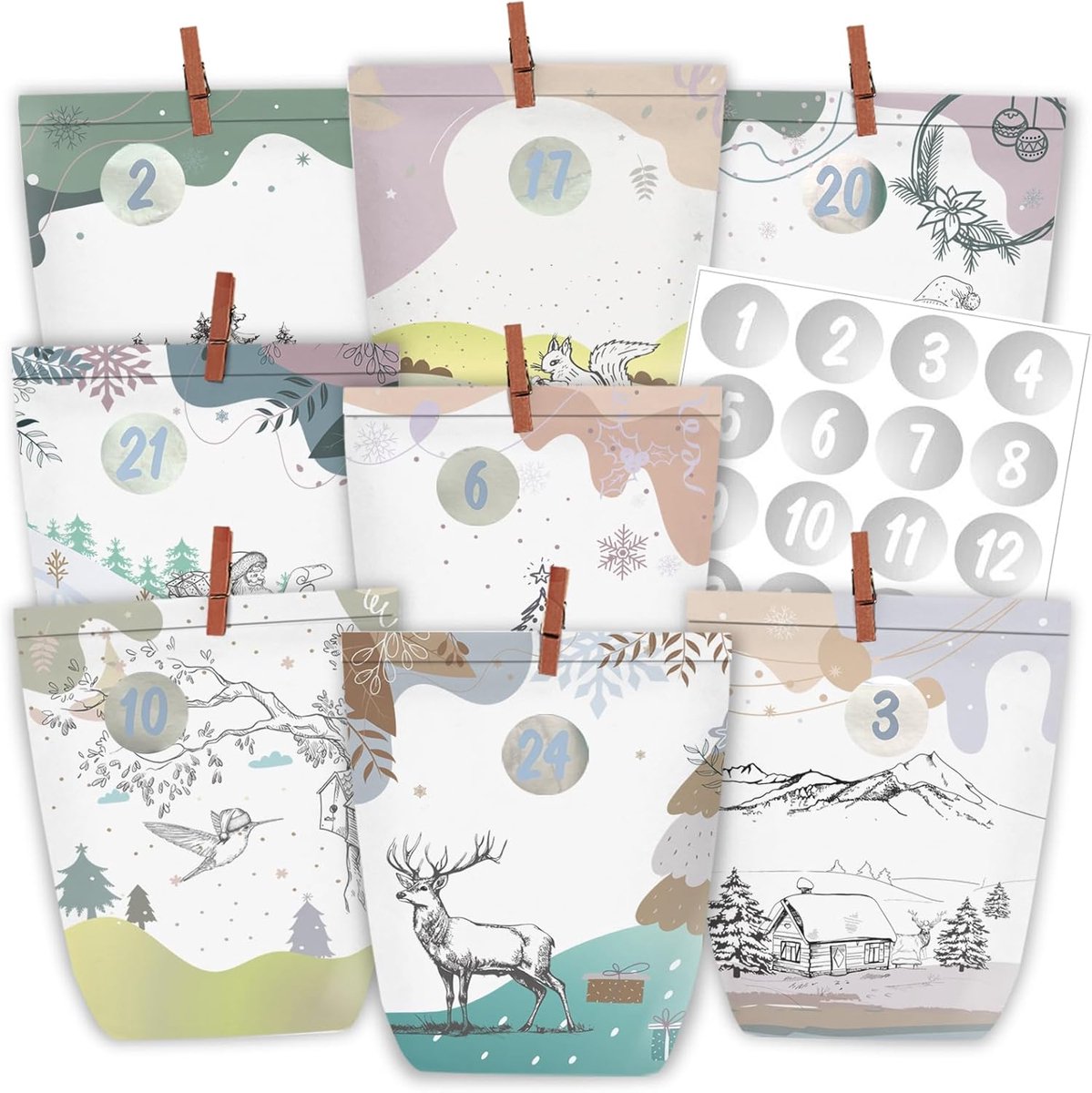 Adventskalender voor vullen - 24 kerstpapier zakken - met nummerstickers 1-24 - zelf in te vullen - ShopVlot