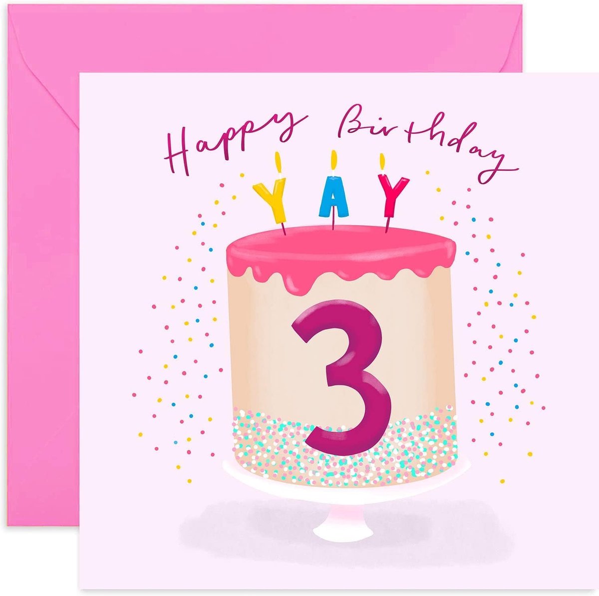 Verjaardagskaart 3 jaar - Roze verjaardagstaart - Voor dochter, kleindochter, nichtje - Perfect voor derde verjaardag - ShopVlot