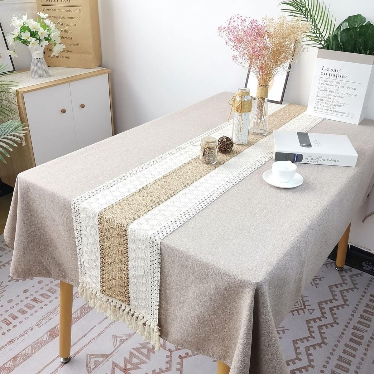 Tafelloper 30 x 120 cm - katoen met franjes - beige bruin - ideaal voor bruiloften en feesten - ShopVlot