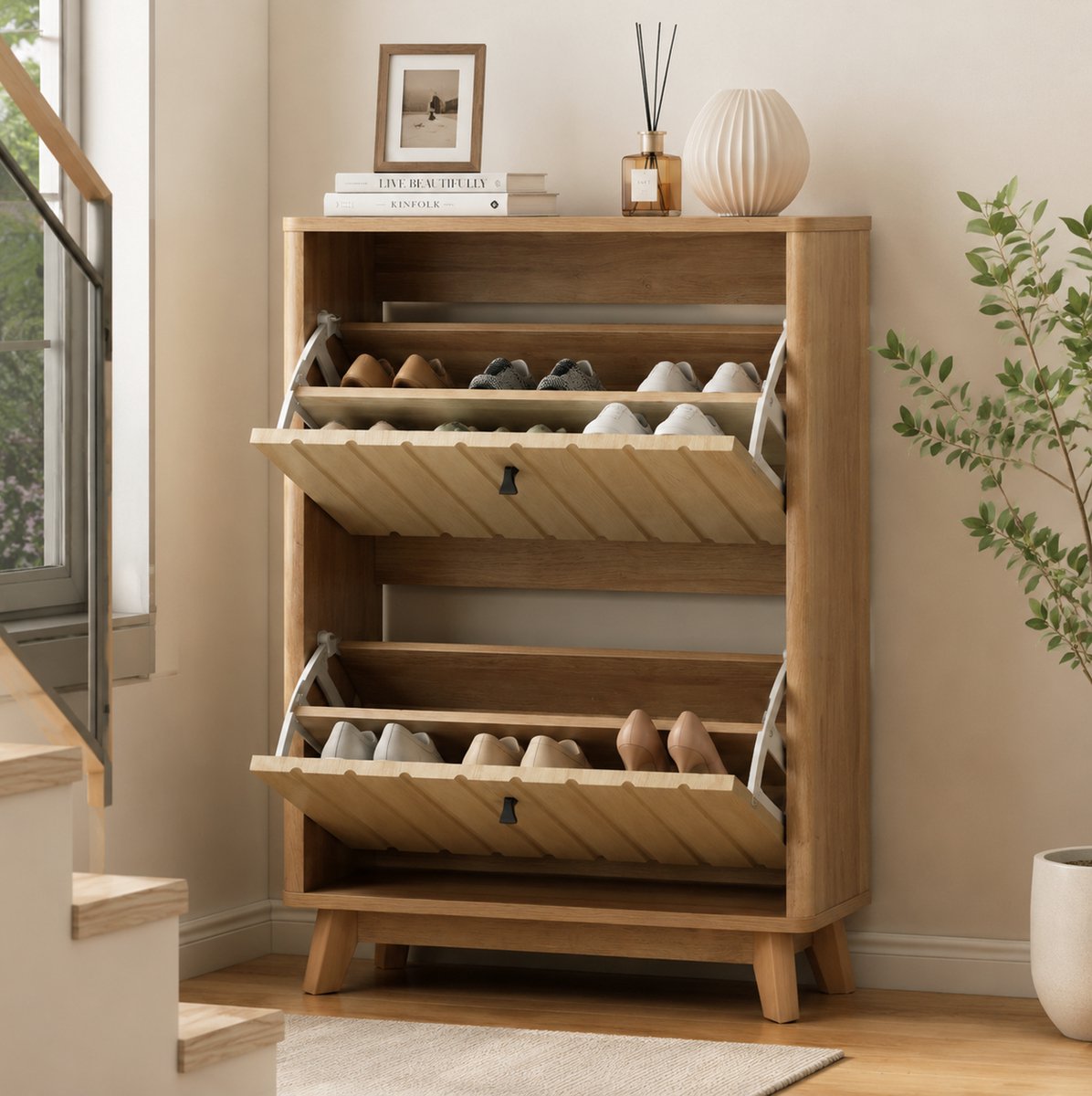 STILVORA Schoenenkast - Smal Vrijstaand Klapmodel Met Verstelbare Planken En Anti Kantel - Voor Hal En Entree - Eikenhoutkleur - 60x24x94 Cm