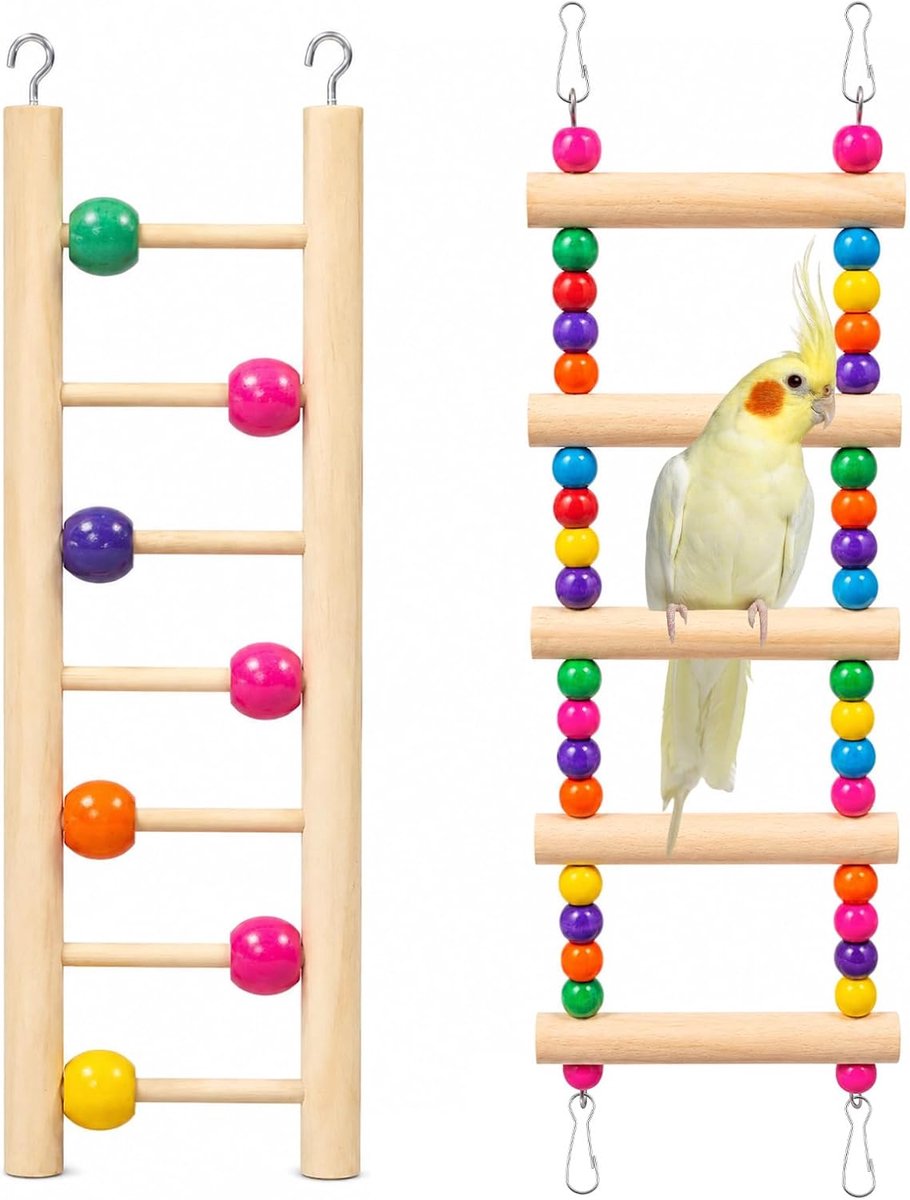 Houten vogelladder 4 stuks - kleurrijk - 5 en 7 treden - ideale klimaccessoires voor papegaaien - ShopVlot
