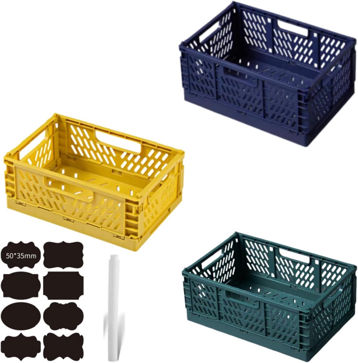 3 Stuks Grote Opvouwbare Opbergdozen,Kunststof Vouwdozen Blauw,Groen,Geel,Tapelbare Plastic Opbergkratten,42*28*16cm Opbergkist voorThuis, Klaslokaal, Kantoor