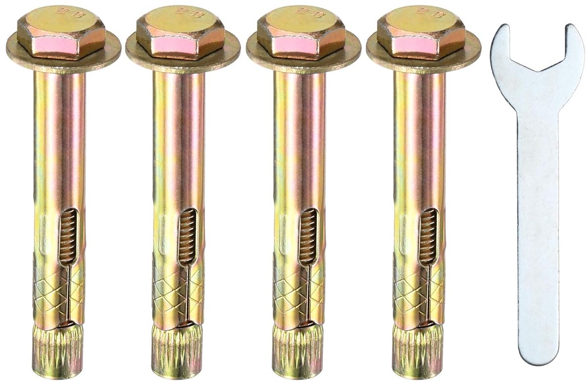 METERXITY 4 stuks zeskantige uitbreidingsschroeven, M10 x 80 mm, gekleurd verzinkt ijzer-koolstofstaal met sleutel 17 mm, corrosiebestendige metalen schroef voor beton-/bakstenen muren