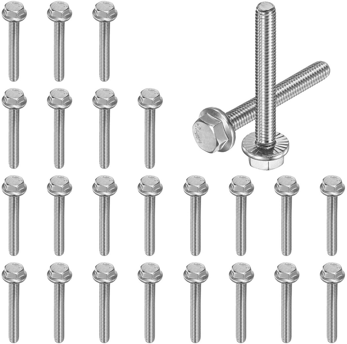 METERXITY 25 stuks zeskant met flens, M6 x 45 mm, roestvrij staal 304, externe zeskantkop, metrische volledige schroefdraad, doe-het-zelfprojecten op meubels en auto's [geluid]