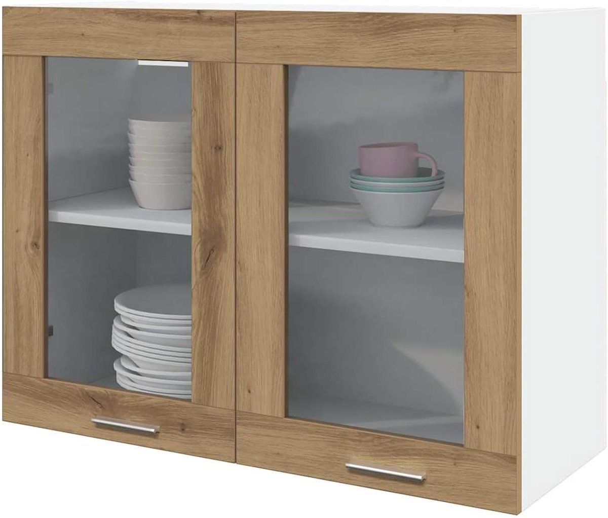 Glazen hangkast - Wandkast keuken - Keuken opbergen - Ambachtelijk eiken design - 80x31x60 cm - Eiken