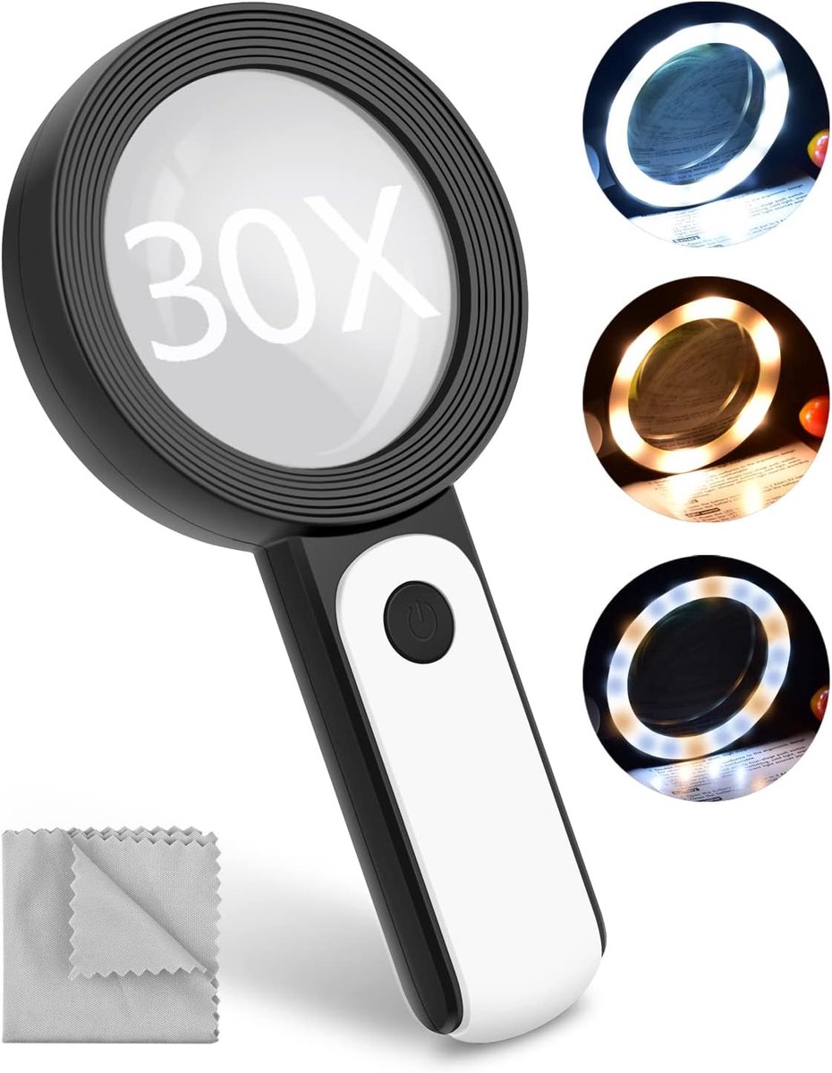 Vergrootglas met Licht, BROTOU 30-Voudige Leesloep met 18 Leds, 3 modi - Handloep met Dubbele Glazen Lens, Leesloep met Licht voor Senioren, Lezen, Hobby Handwerk, Munten, Postzegels, Inspectie