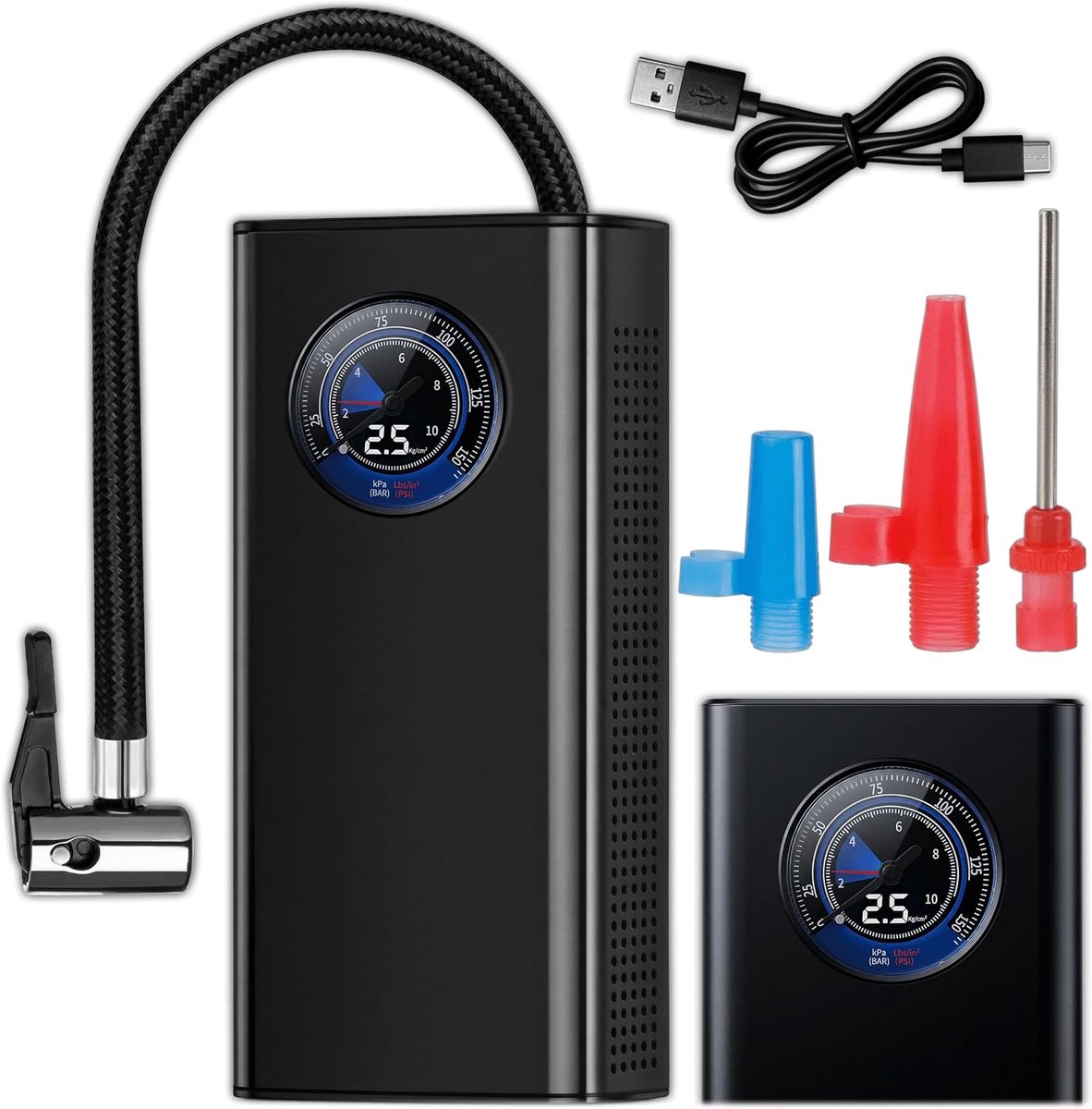Luchtpomp fiets, fietspomp, mini-compressor auto, pomp | Draadloos, met manometer, USB, accu, oplaadbaar, voedingsadapter 230 V, 12 V autostekker, zwart, ABS-materiaal