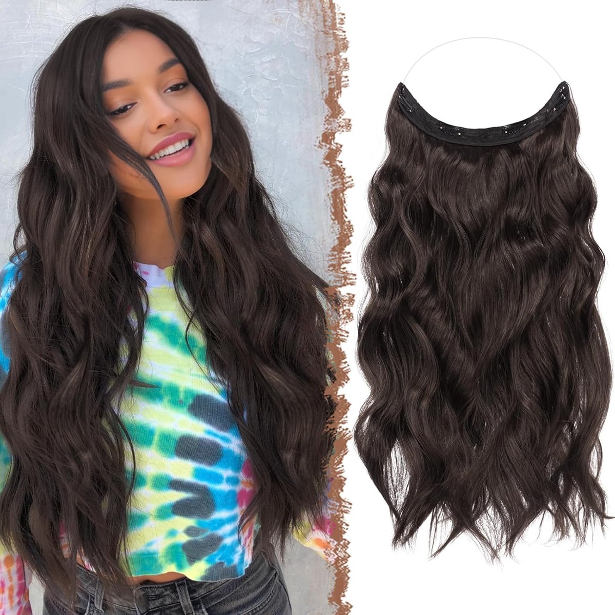 Secret Wire Hair Extensions - Krullend Golvend Lang Bruin Haarverlenging Onzichtbare Haarverlengingen Synthetisch Haarstukjes voor Vrouwen, 40 cm Chocolade Bruin Gemengd Donkerbruin
