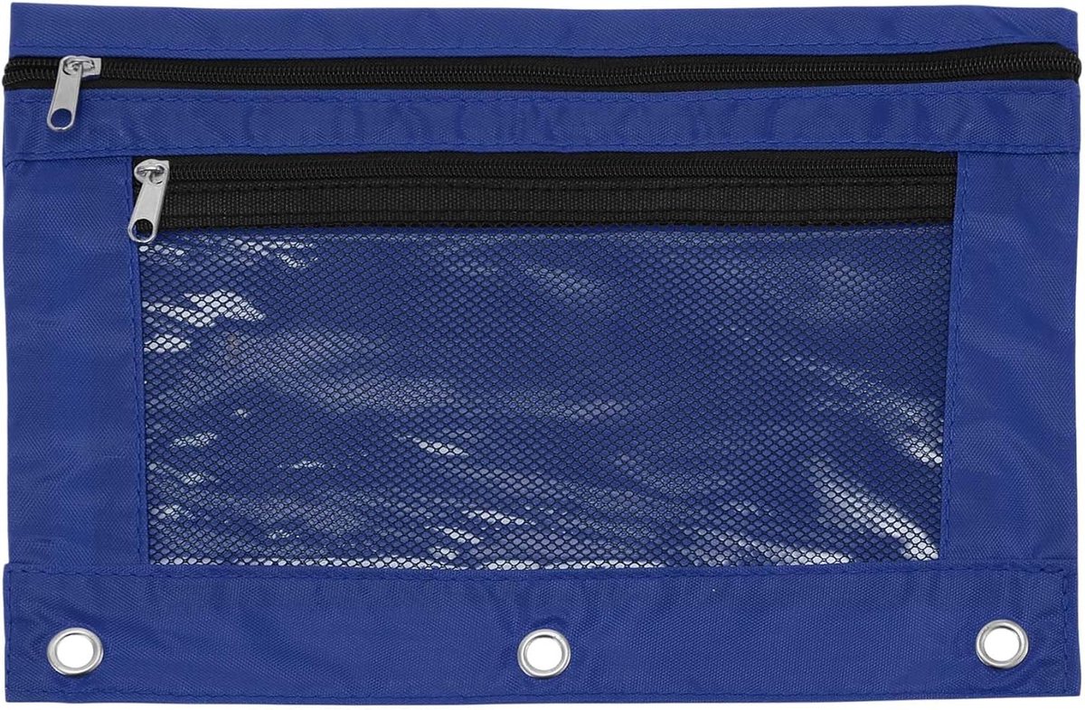 Pennenetui voor map met 3 ringen, dubbellaags, gladde ritssluiting, transparant gaasvenster, etui voor mappen, etui met 3 versterkte ringen, blauw