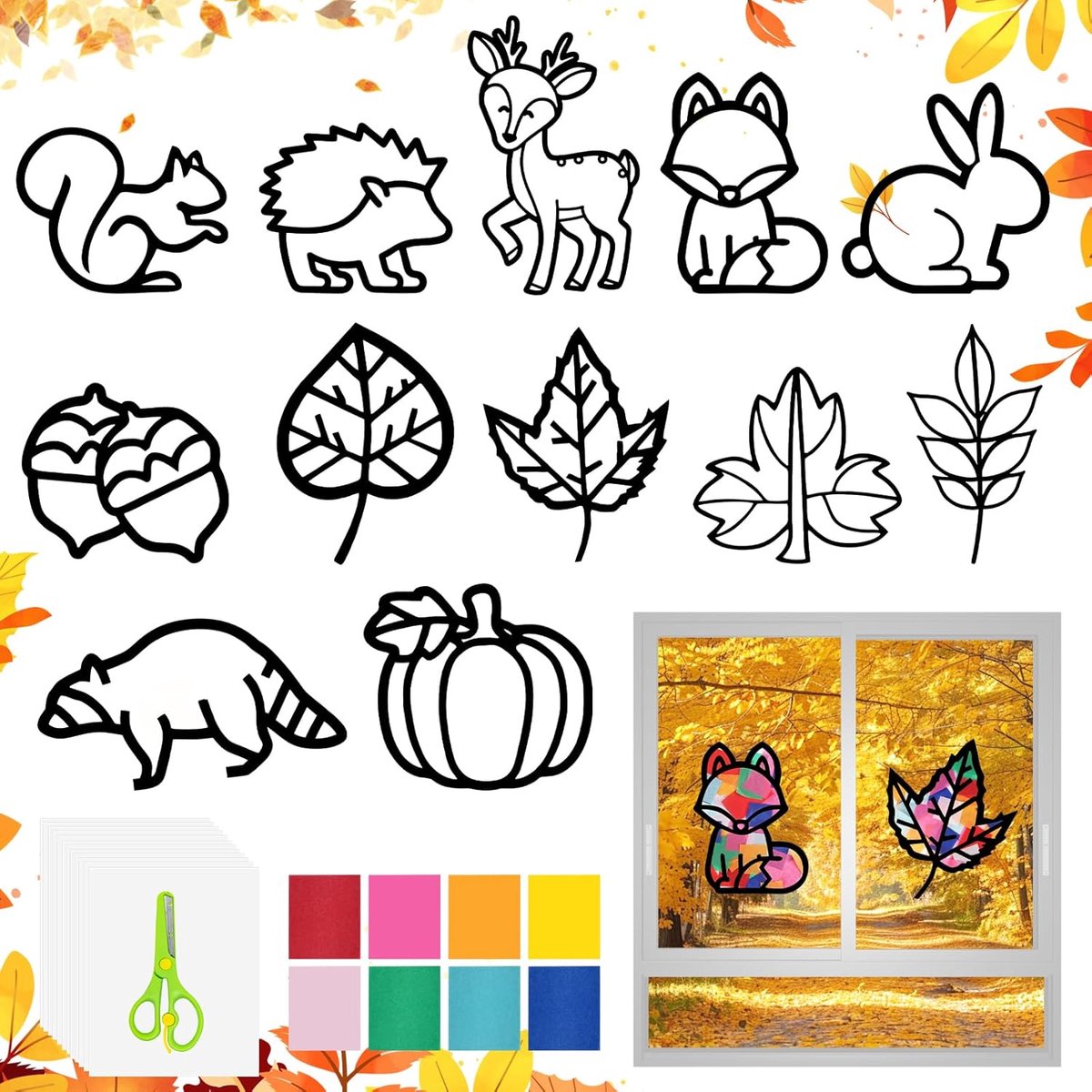 Doe-het-zelf raamafbeeldingen voor herfst, kinderen, herfst, knutselset voor kinderen, herfst, knutselen, muur en raamstickers, knutselsjablonen herfst, voor bladdecoraties, Halloween