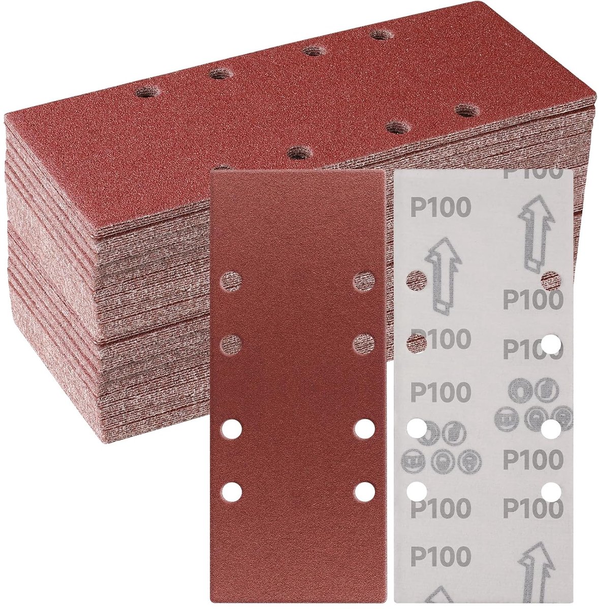 50 stuks, 93 x 230 mm, schuurpapier, 8 gaten, rechthoekig, voor schuurmachine (100 korrel)