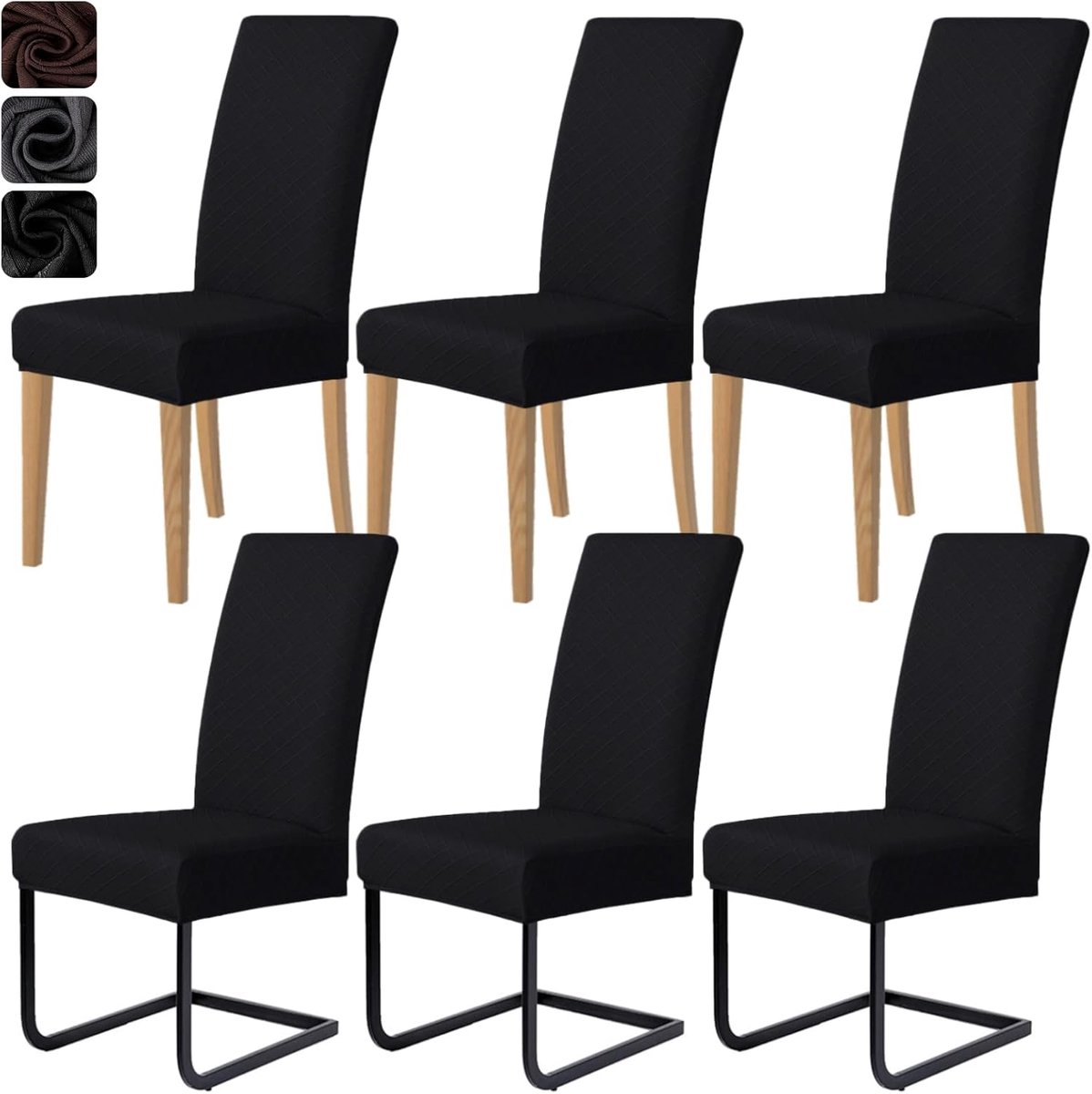Set van 6, jacquard, stretch, modern, universeel, wasbaar, afneembaar, voor eetkamer, hotel, banket, feestdecoratie, bruiloft, zwart