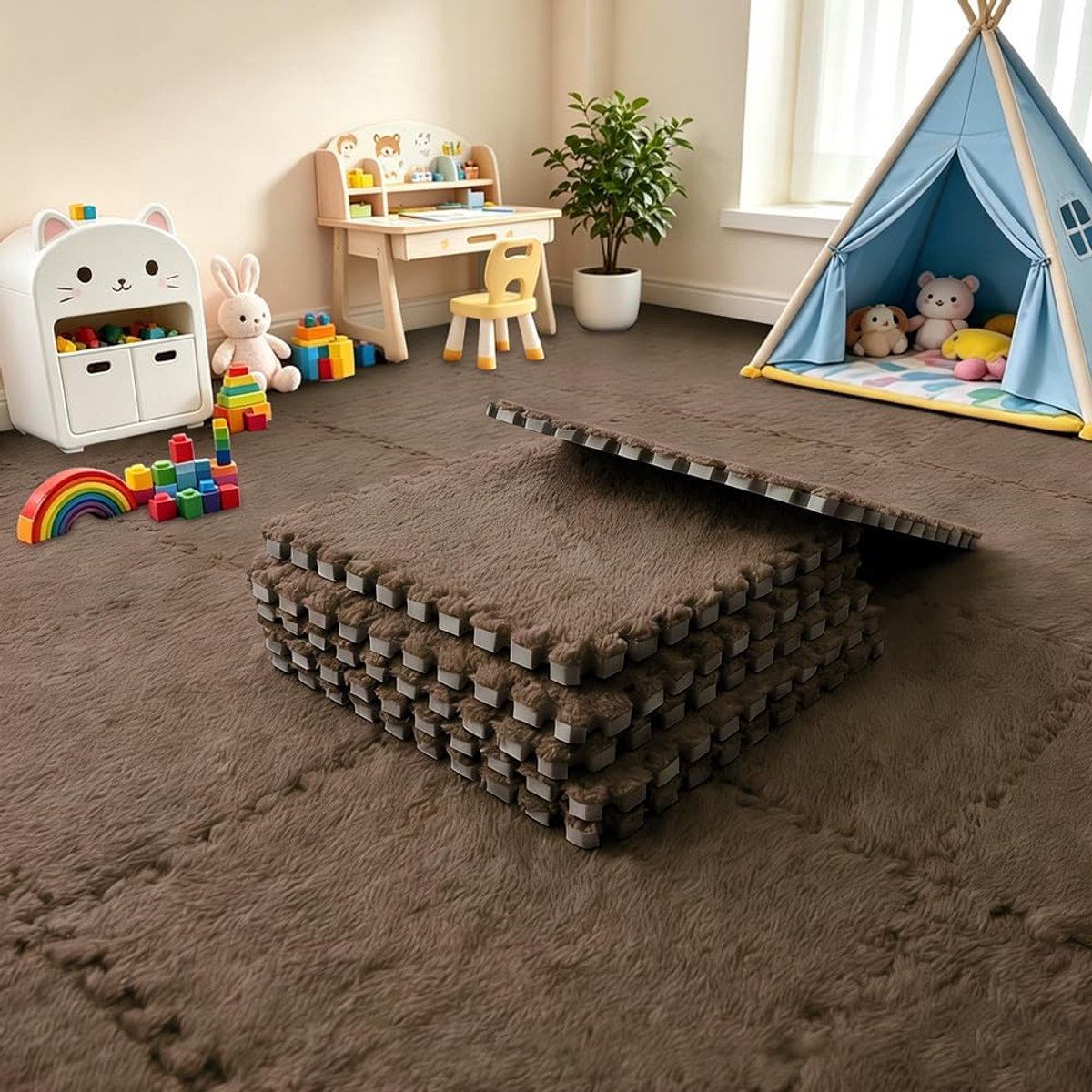 12 stuks in elkaar grijpende pluche schuimstofmatten, 30 x 30 cm, voor woon- en slaapkamer, zachte speelmatten, puzzeltapijt, in elkaar te zetten schuimrubberen vloertegels (donkerbruin)