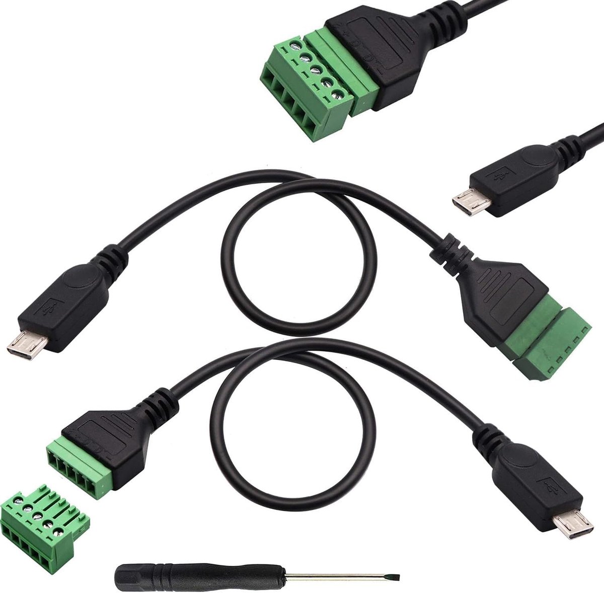 2 stuks Micro USB terminalstekker mannelijke kabel, soldevrij micro-USB op 5-polig schroefklemmenblok