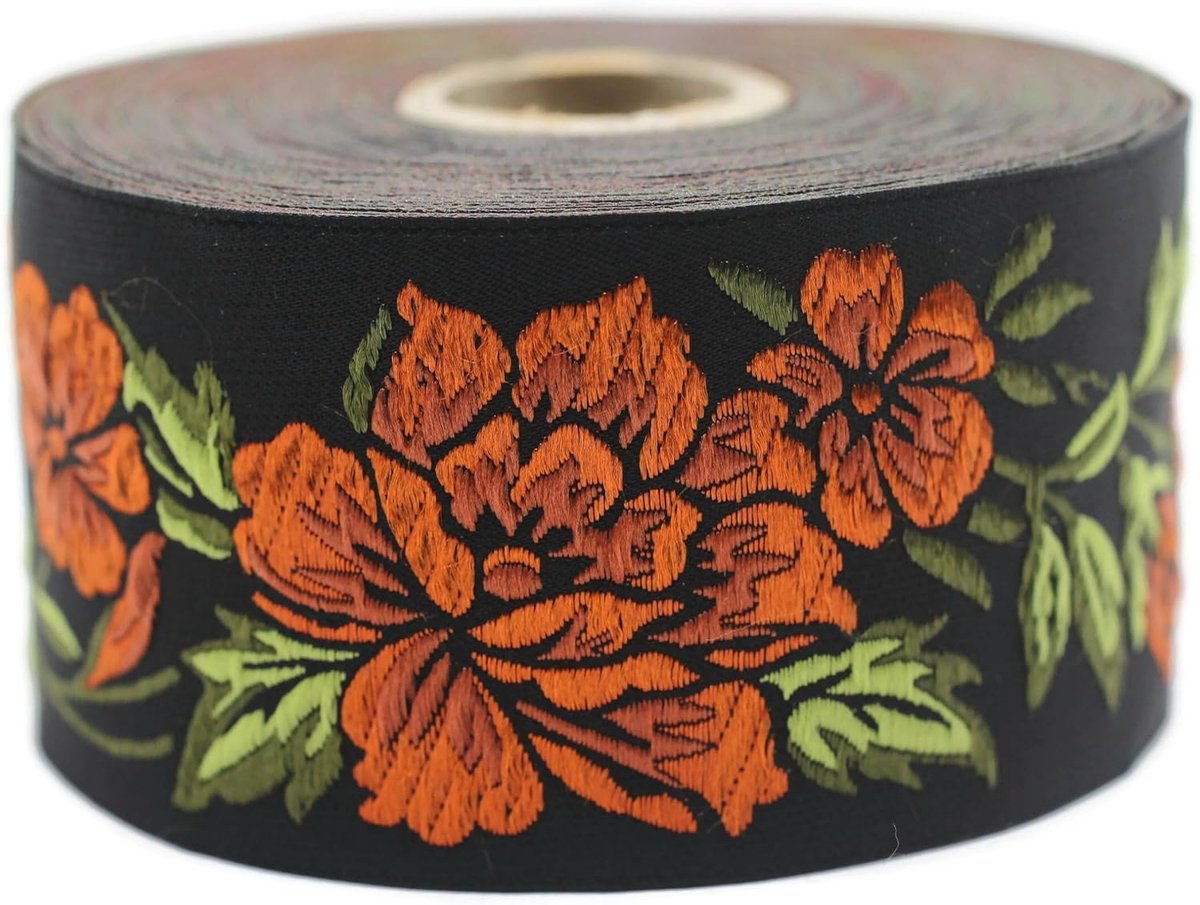 Jacquard Lint Weeft Oranje en Zwart - Middernachtbloem 10 m x 50 mm - Rollen Borduurband voor Naaien Decoratie 50096-V8