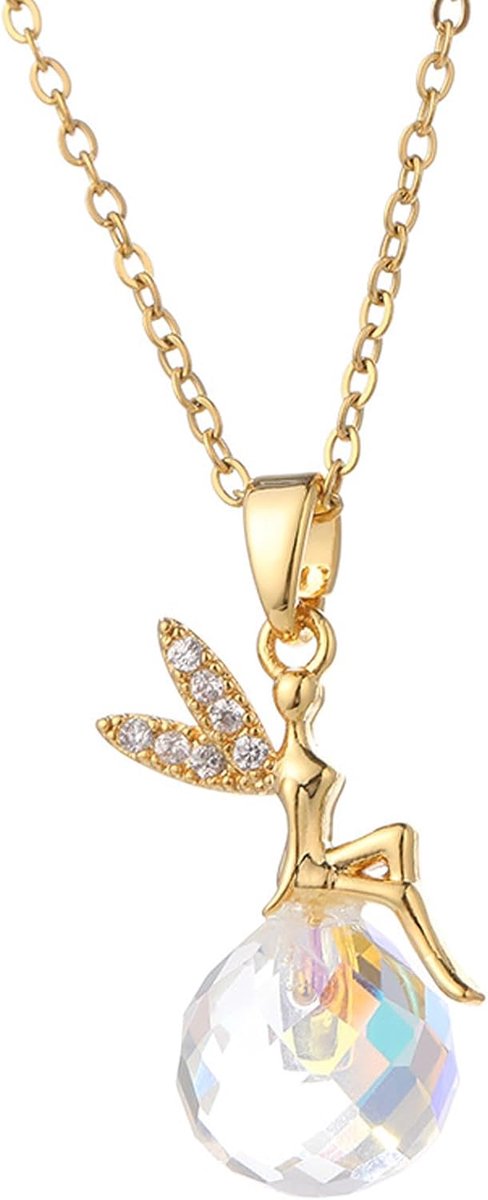 halsketting, feeënhanger, met witte zirkonia bol, gouden roestvrij stalen halsketting, cadeau voor vrouwen, moedercadeau, meisjescadeau, Zirkonia Messing, Zirkonia