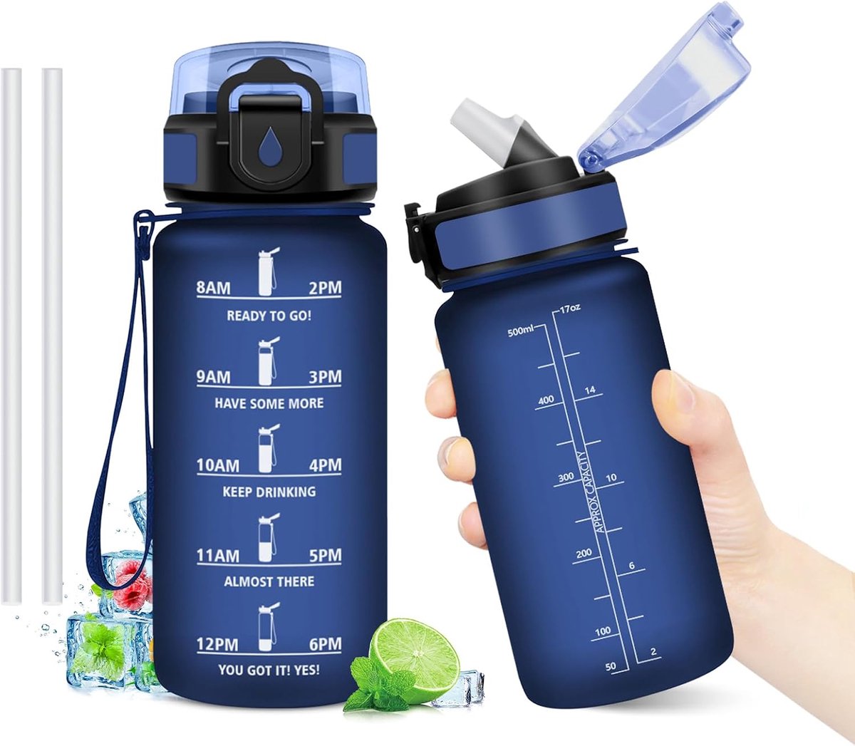 SnelShoppen - Drinkfles 500 ml met Rietje, BPA-vrij, Herbruikbare Motivatie Drinkfles met Tijdsaanduiding, Lekvrij, Ideaal voor School, Kantoor, Campi