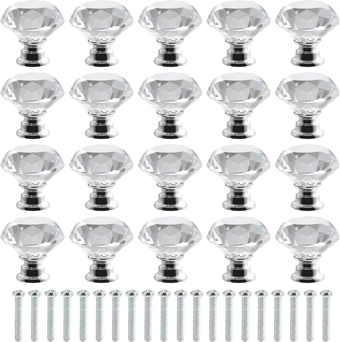 20pcs 30mm Transparent Crystal Glass Diamond Door Handle with Screws, high-end Light Luxury Handle for Wardrobe Cabinet Drawer Handle Single Hole Handle for Home Decoration