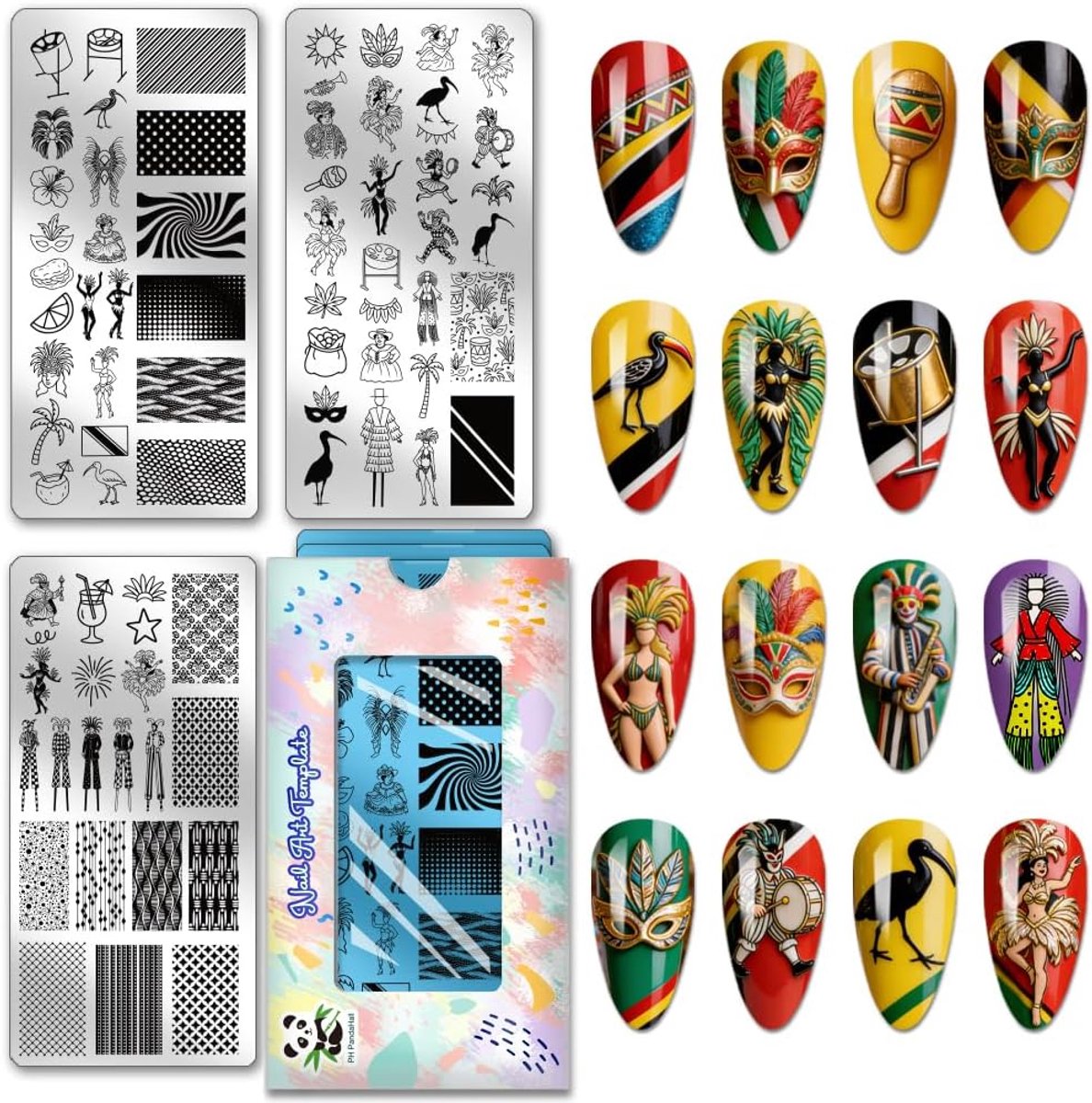 PandaHall 3-delige set Trinidad en Tobago-carnaval-nagelstempelplaten met sjablonen voor nagelkunst met sambadanseressen en steltenlopers, voor vrouwen, feestdagen en manicureversieringen