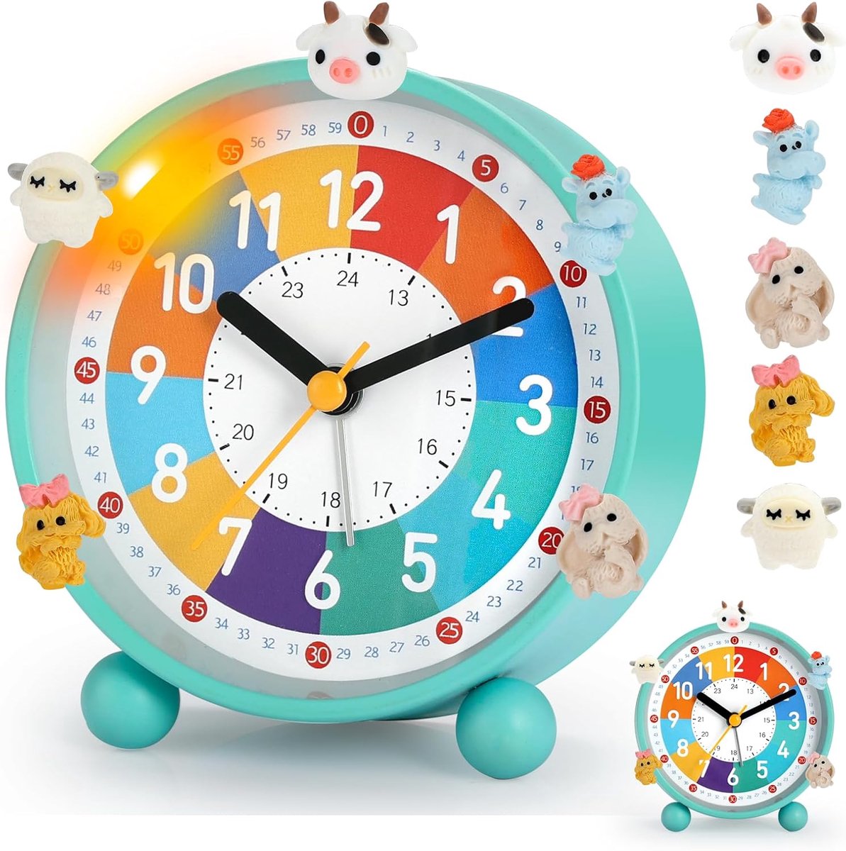 SnelShoppen - Kinderwekker zonder tikken met nachtlampje, snooze-functie en 5 decoraties voor eerste schooldag, studeren, slapen, kinderkamer