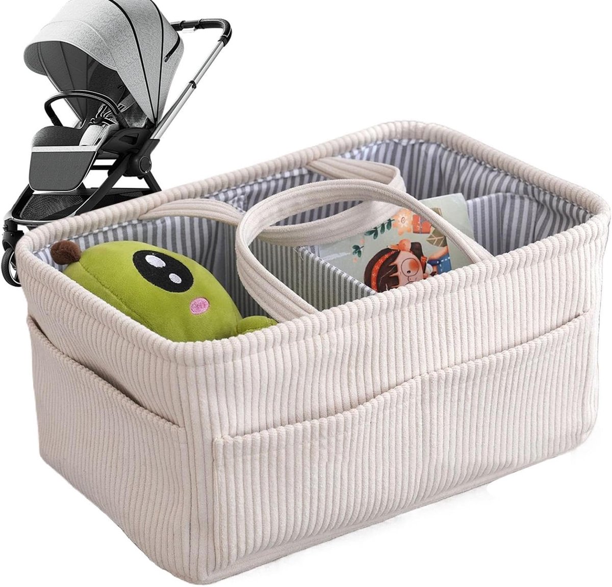 Luier Organizer Mand - Opbergtas Baby - Babykamer Opbergen - Zachte Corduroy Stof - 38x25x18 cm - Beige
