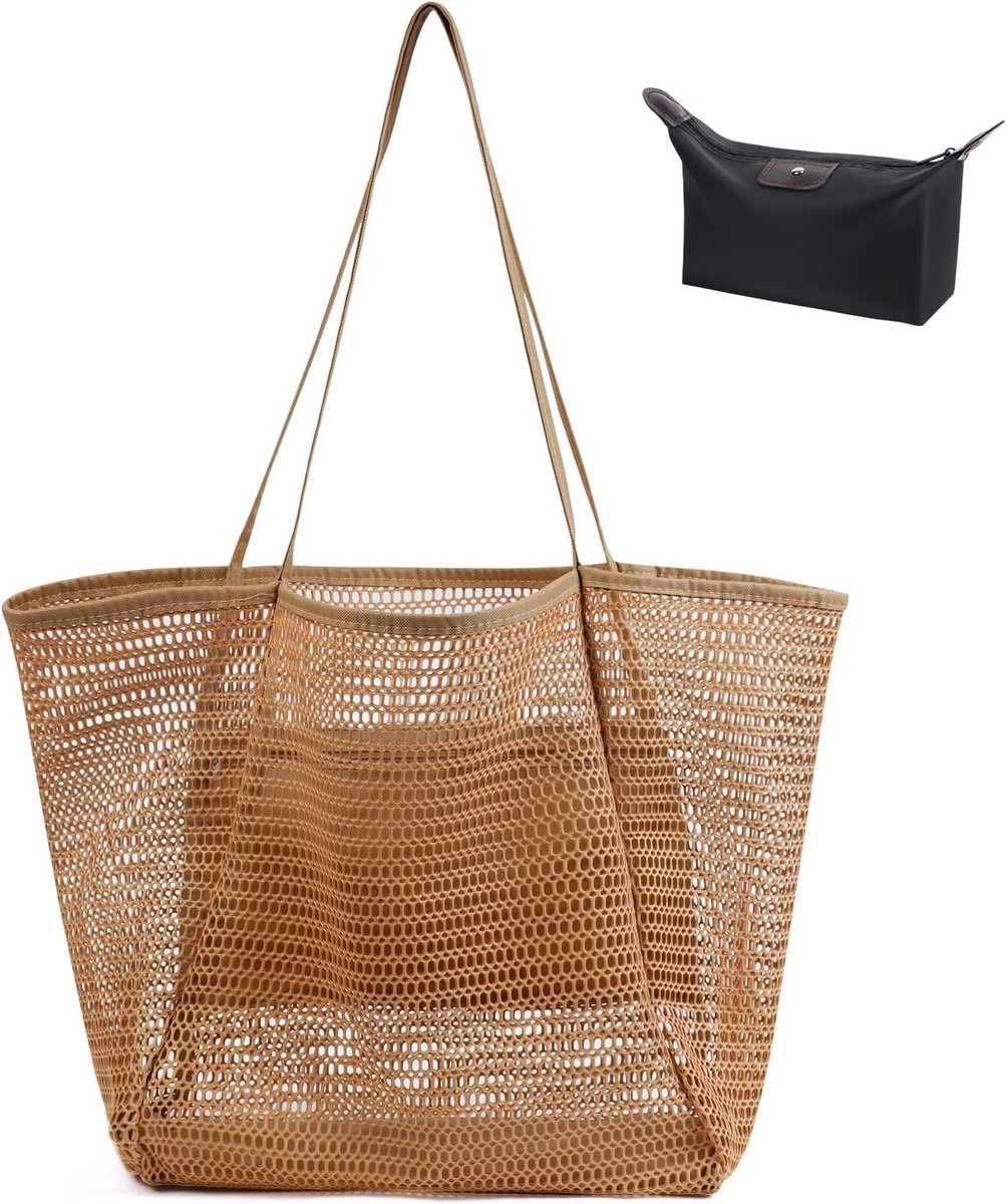 strandtas groot met ritssluiting - mesh materiaal - binnenzak - ideale strandaccessoire - SnelShoppen