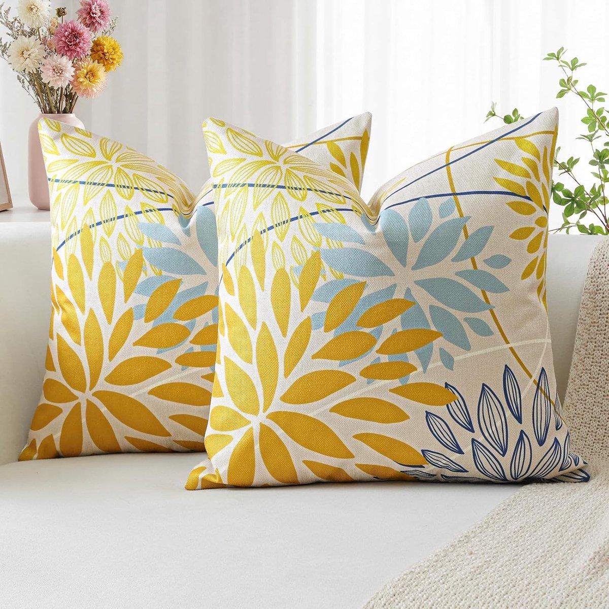 Kussenslopen set van 2 45 x 45 cm - Gele Blauwe Dahlia Bloemen - Modern Elegant Geometrisch - SnelShoppen