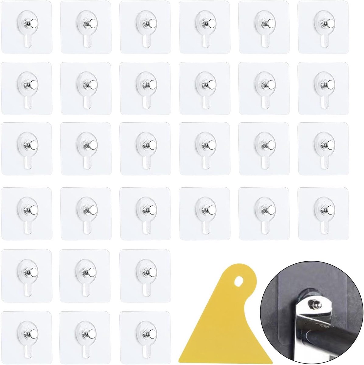 30 stuks zelfklevende kleverige haken set, zware zelfklevende fotohaken, fotohangers zonder spijker, transparant, met 1 plastic schraper voor woonkamer, slaapkamer, badkamer, wandlijsten