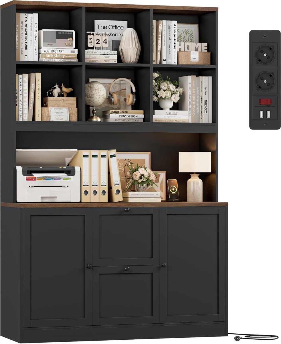 Boekenkast, boekenkast met 2 deuren, 2 laden, stekkerdoos | Archiefkast, multifunctionele kast, hangmap voor documenten in DIN A4- en letterformaat, 116 x 40 x 182 cm