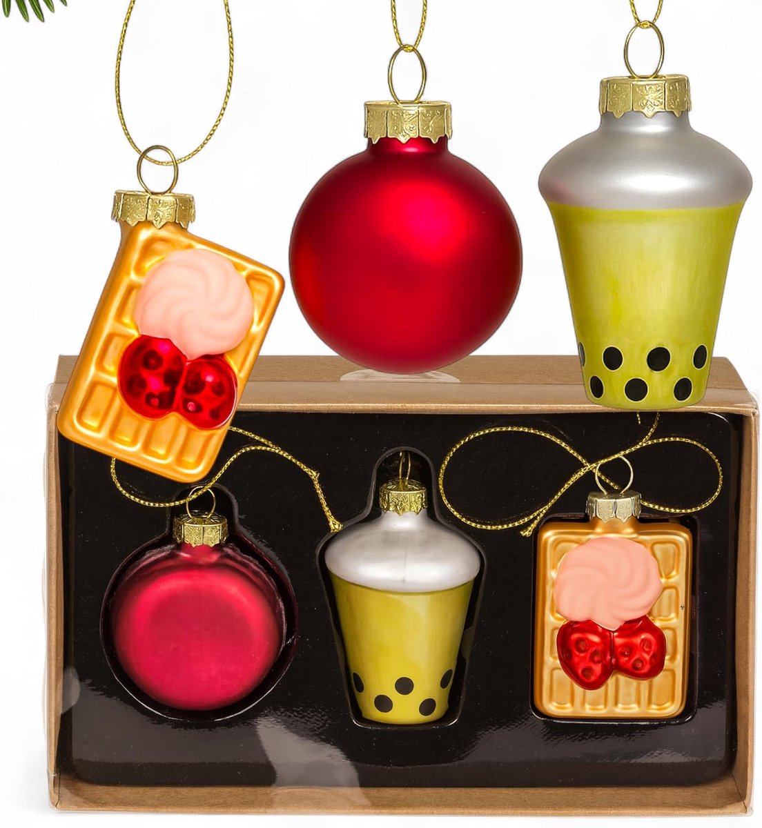 Glazen kerstboomversiering, set van 3, opvallende kerstboomballen, decoratie, hangers, vintage design, boomversiering van glas met metalen oogje, originele kerstdecoratie (schattig & Bubble Tea