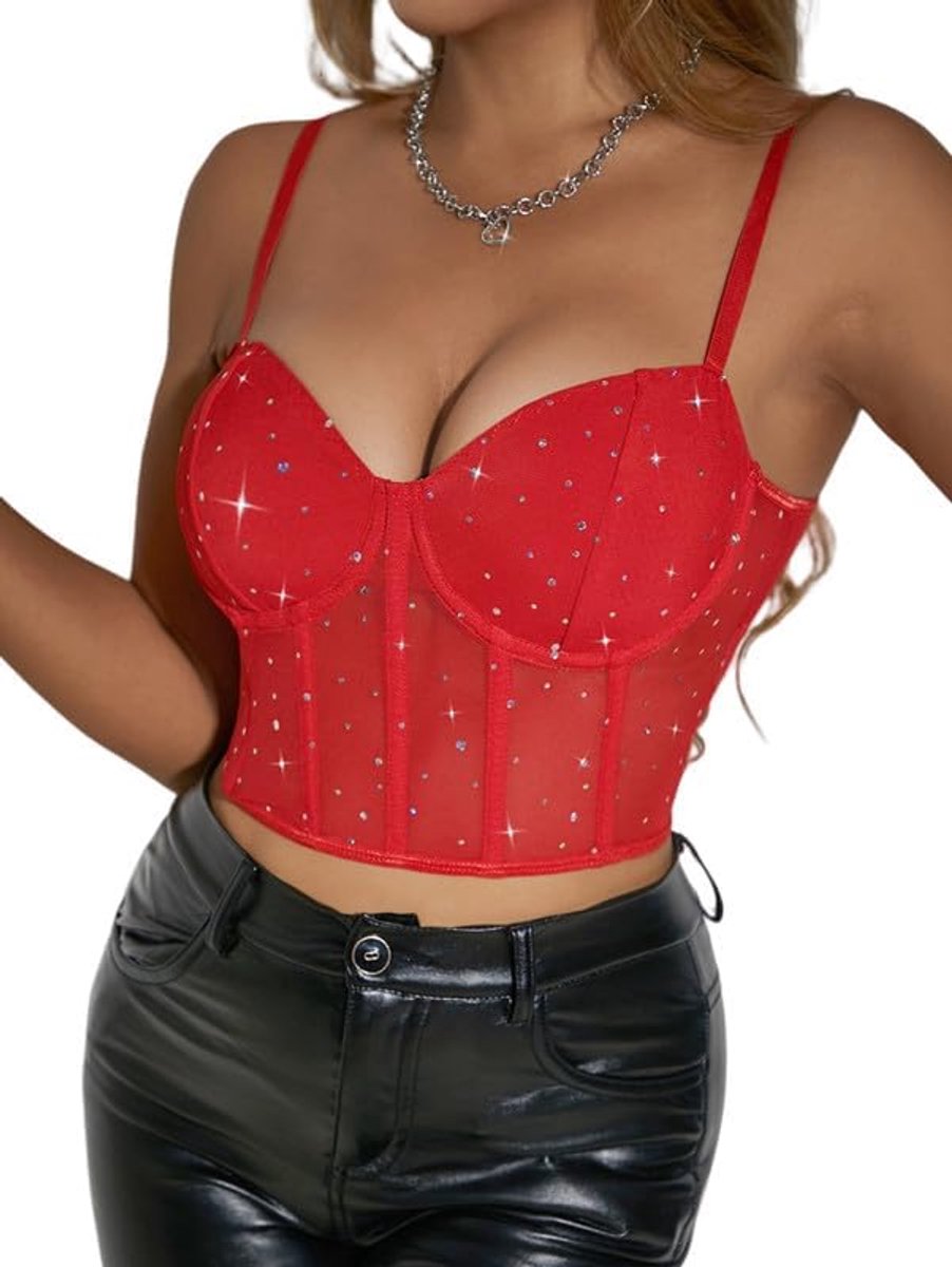 Tanktop voor dames, glinsterende korset, top, zomer, bovenstuk, sexy kant, bustier, spaghettibandjes, korset met push-up-effect, crop tops, party, korset, rave outfit, Y2k tanktop, basic