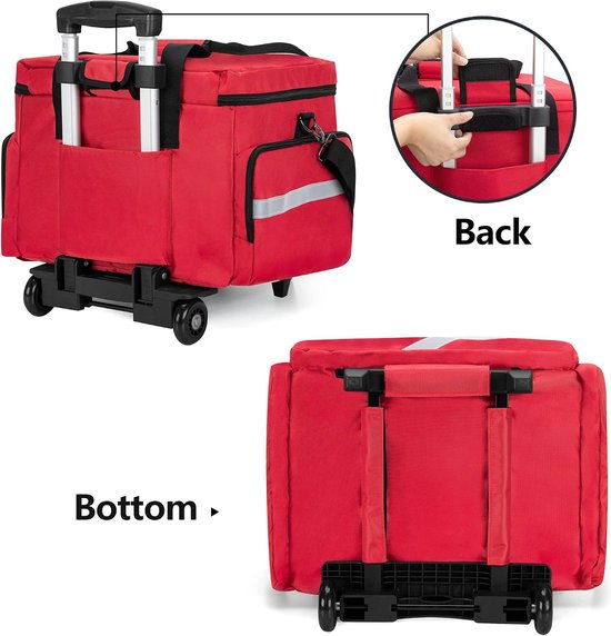 Medische tas met wielen met afneembare trolley, roltas voor verpleegkundigen met afneembare scheidingswanden, lege EHBO-tas voor artsen, EMS-professionals, rood — afbeelding 4