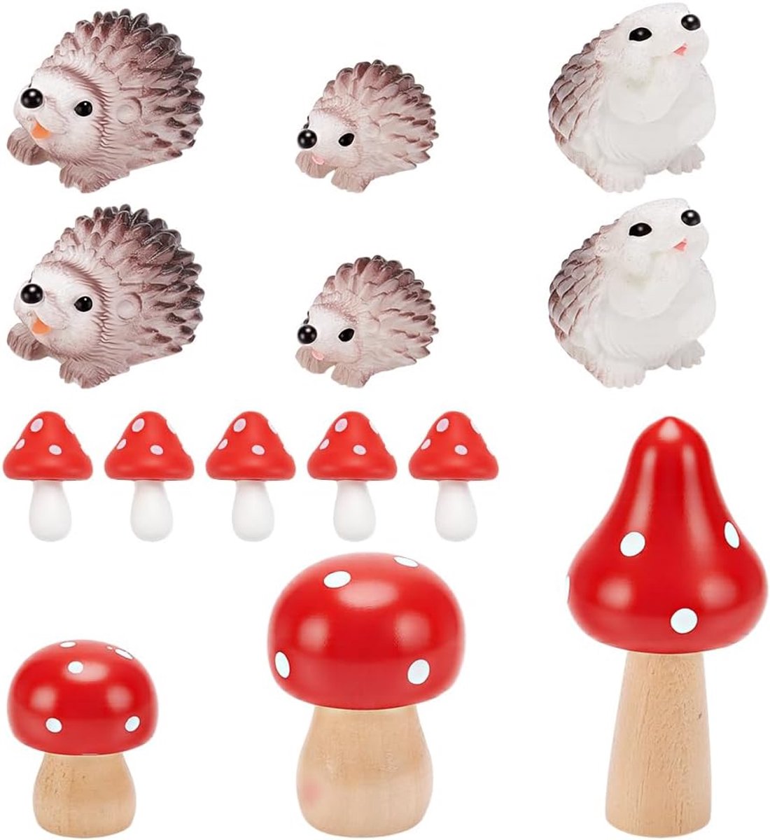 14 stuks hars mini egel dier beeldjes paddestoel beeldjes diverse maten schattige bosdieren decor voor fee tuin terrarium buiten binnen partij decoratie