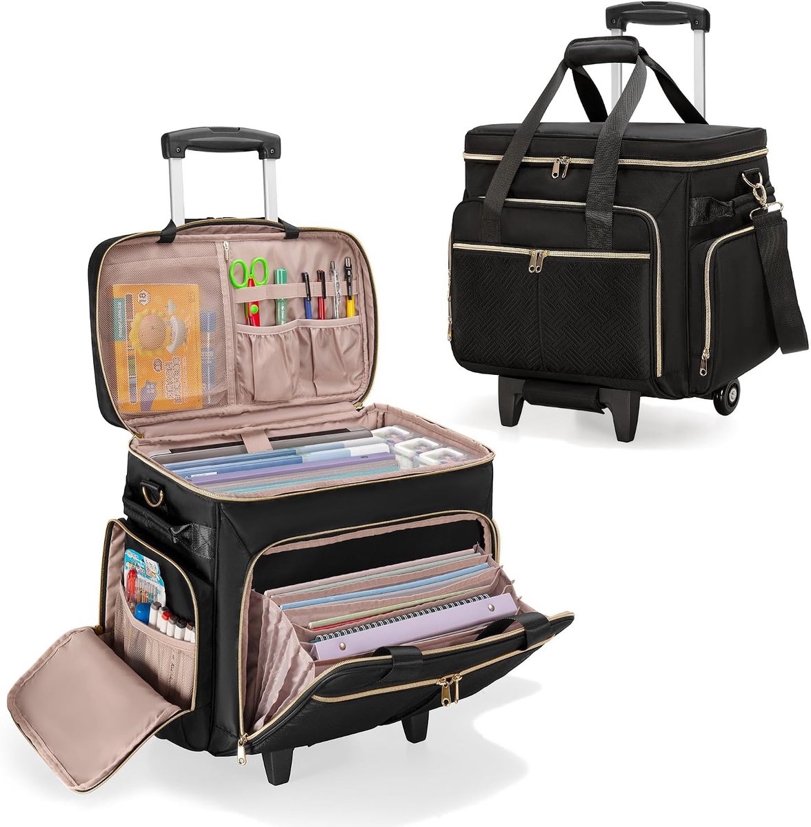 Teacher Bag with Wheels, Docententas met Afneembare Trolley, Docententas op wielen past voor 15. 6” Laptop en Docentenbenodigdheden, Zwart (Patent Design) | 6 archiefhoezen aan de voorkant, past voor 15,6 inch laptop, meerdere opbergvakken