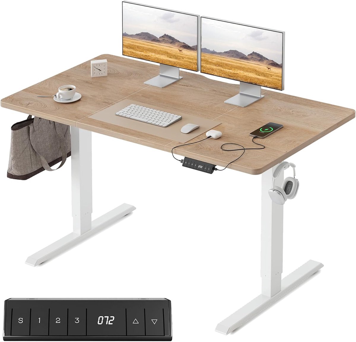 FEZIBO In hoogte verstelbaar bureau met USB-A- en USB-C-oplaadpoorten, 120 x 60 cm sta-zit-tafel, elektrisch in hoogte verstelbaar bureau, ergonomisch computerbureau voor thuiskantoor, eikenhout