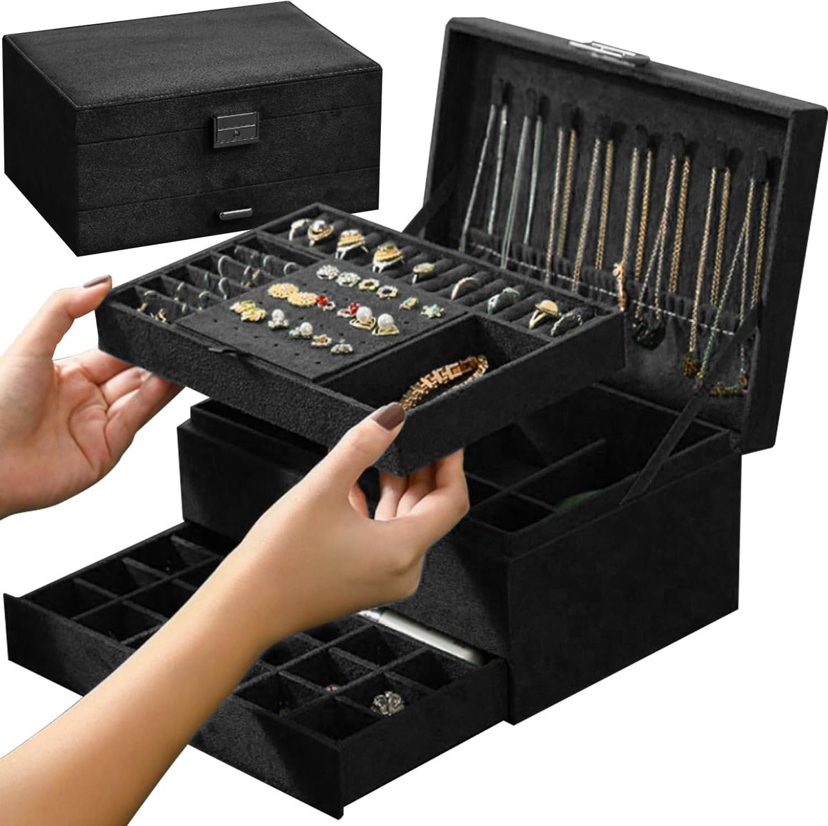 Sieradenbox met slot - 3 niveaus - kleur zwart - ideale organisatie voor sieraden - SnelShoppen