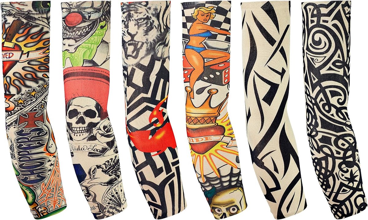 6-Delige Tattoo Mouwen Arm Kous voor Heren en Dames - Nylon Tijdelijke Tattoos voor Carnaval en Fancy Dress Party