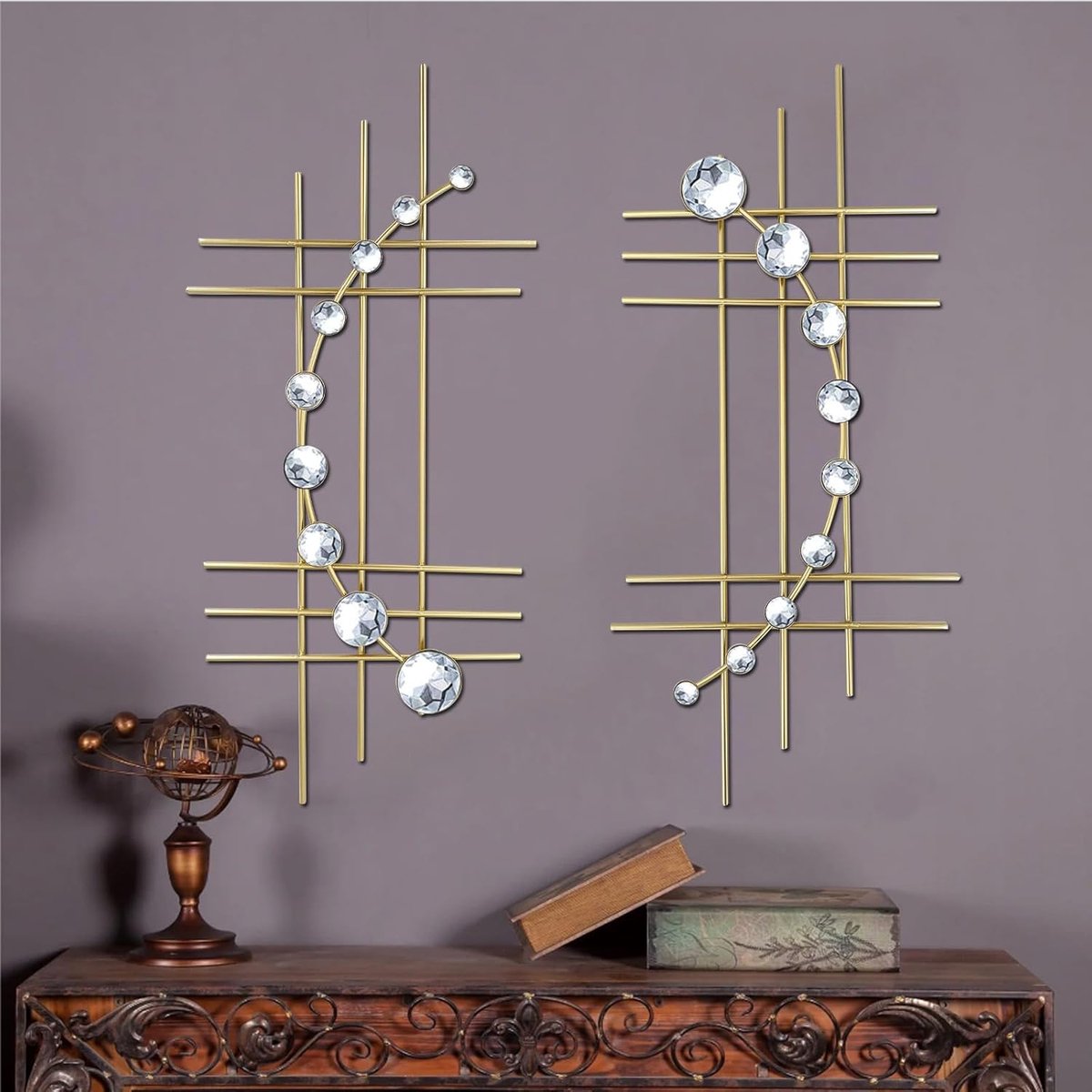 2 Set Bling Metalen Muur Art Juwelen Crystal Hang muur Decor Strass Diamant Ijzer Abstracte Muur Sculptuur Goud
