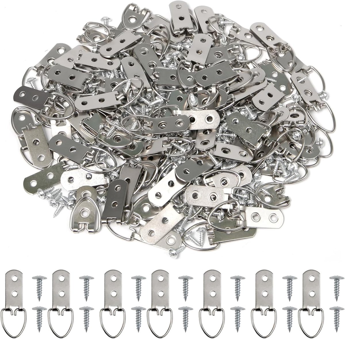 100 stuks D-ringen voor lijsten, haken, schroeven voor borden, hangers voor zware schilderijen, ophanghaken, frame voor fotolijsten, kunstlijsten en bewegwijzering